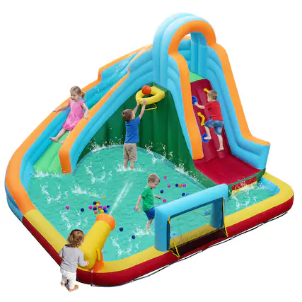 Front. Gymax - Gymax Inflatable Water Slide Park 6-in-1 Giant Bounce House w/Long Slide Splash Pool - Multicolor.