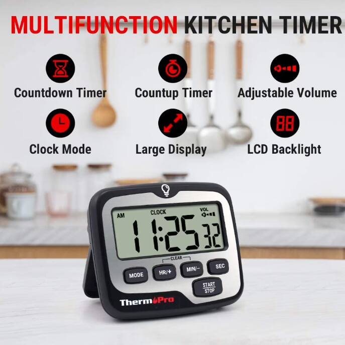 MULTIFUNCTION KITCHEN TIMER

- Countdown Timer
- Countup Timer
- Adjustable Volume
- Clock Mode
- Large Display
- LCD Backlight

VOL CLOCK Q-1 AM 1 11:25 32 CLEAR SEC MIN/- MODE HR/+ START STOP

ThermoPro