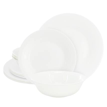 Front. Gibson - Gibson Ultra White Shadow 12 Piece Opal Glass Dinnerware Set in White - White.
