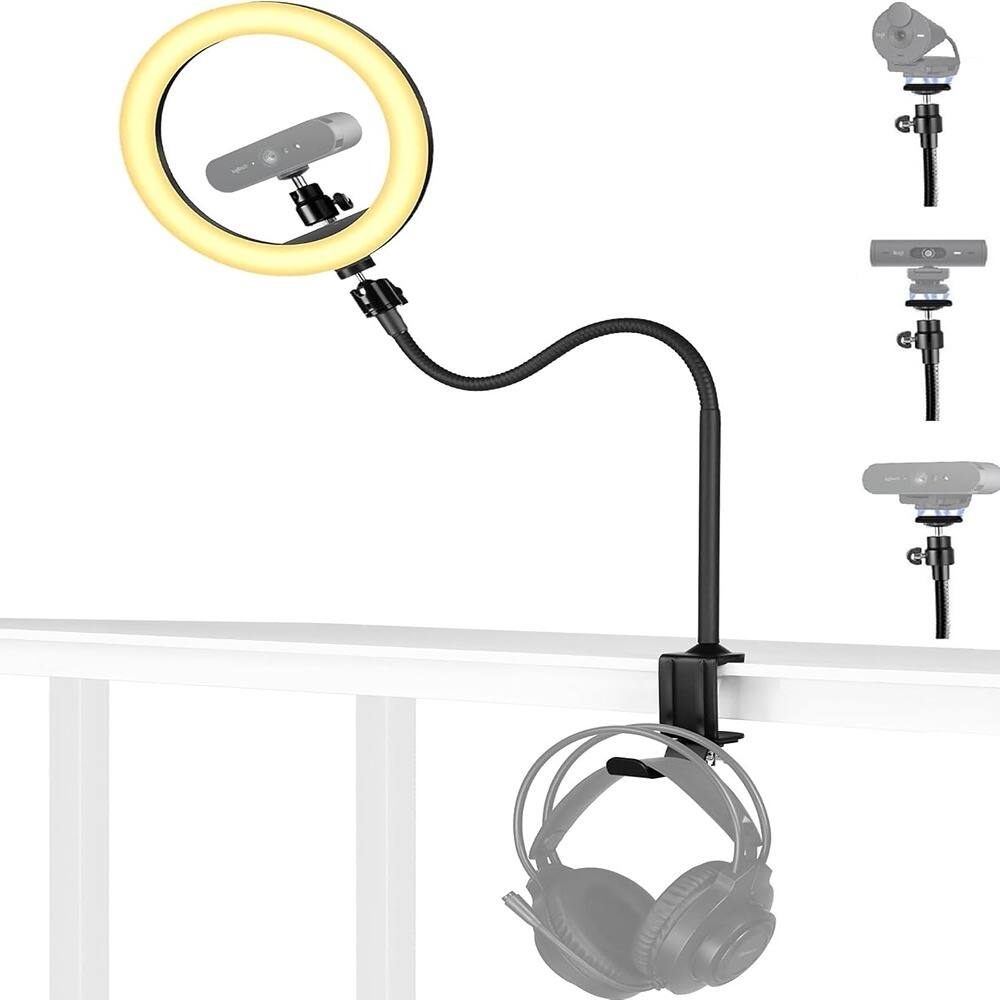 Front. Schertz - Webcam Ring Light Stand with 24" Arm Clamp & Magnetic Holder, 10" Selfie Light and Headphone Hook, Compatible with Logit.