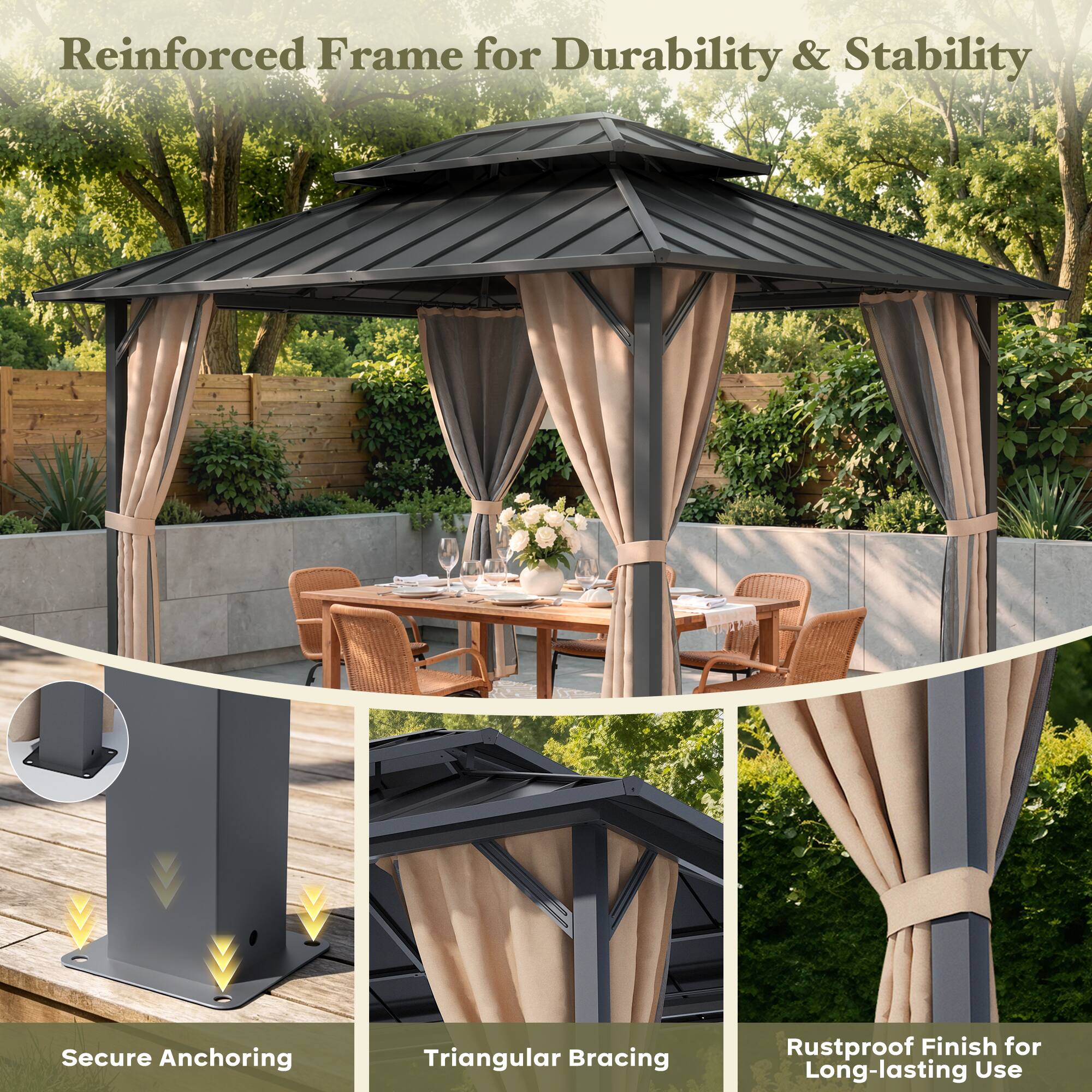 Reinforced Frame for Durability & Stability  
Secure Anchoring  
Triangular Bracing  
Rustproof Finish for Long-lasting Use
