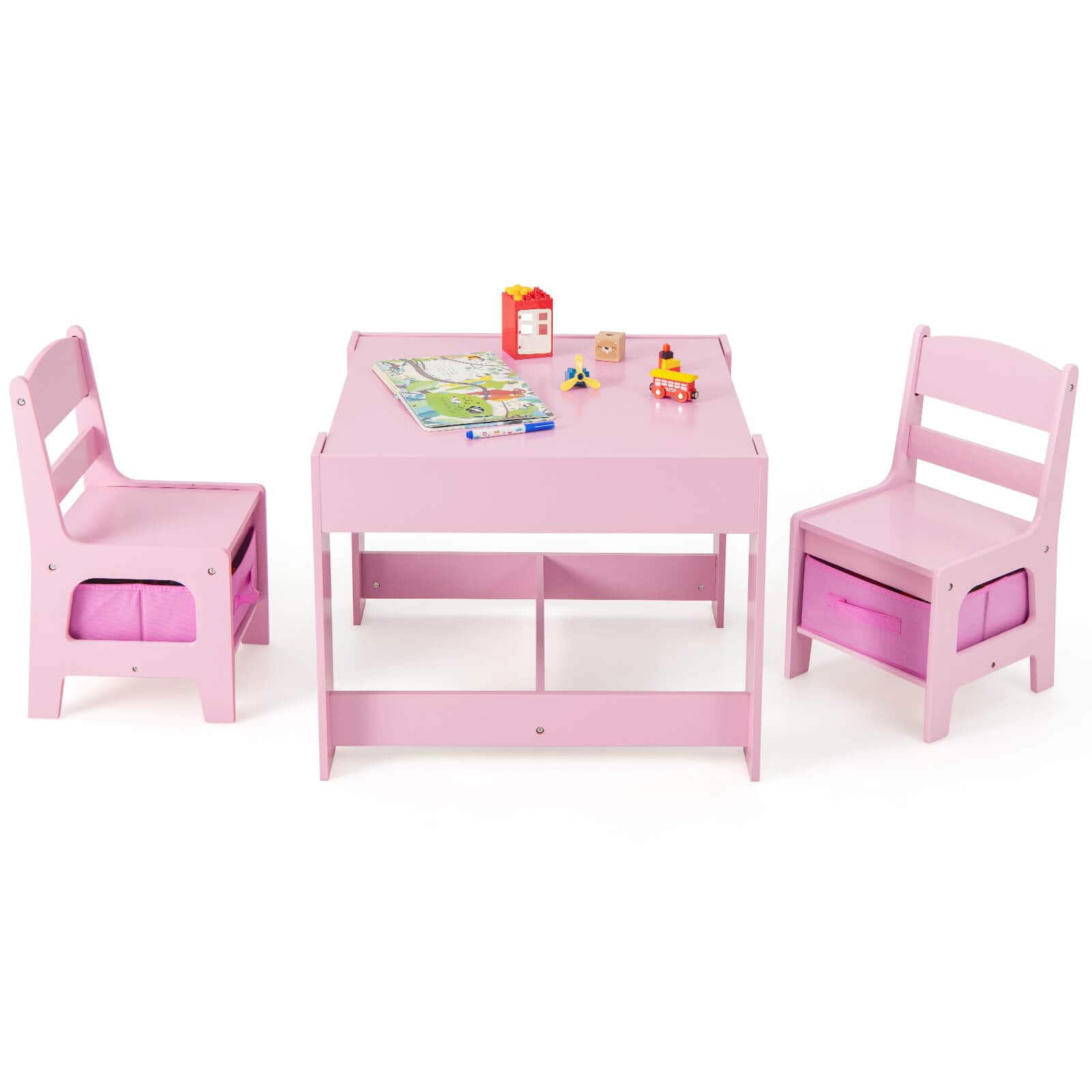 Costway - 3 in 1 Kids Wood Table Chairs Set w/ Storage Box Blackboard Drawing - Pink