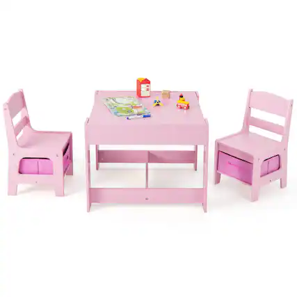 Front. Costway - Costway 3 in 1 Kids Wood Table Chairs Set w/ Storage Box Blackboard Drawing - Pink.