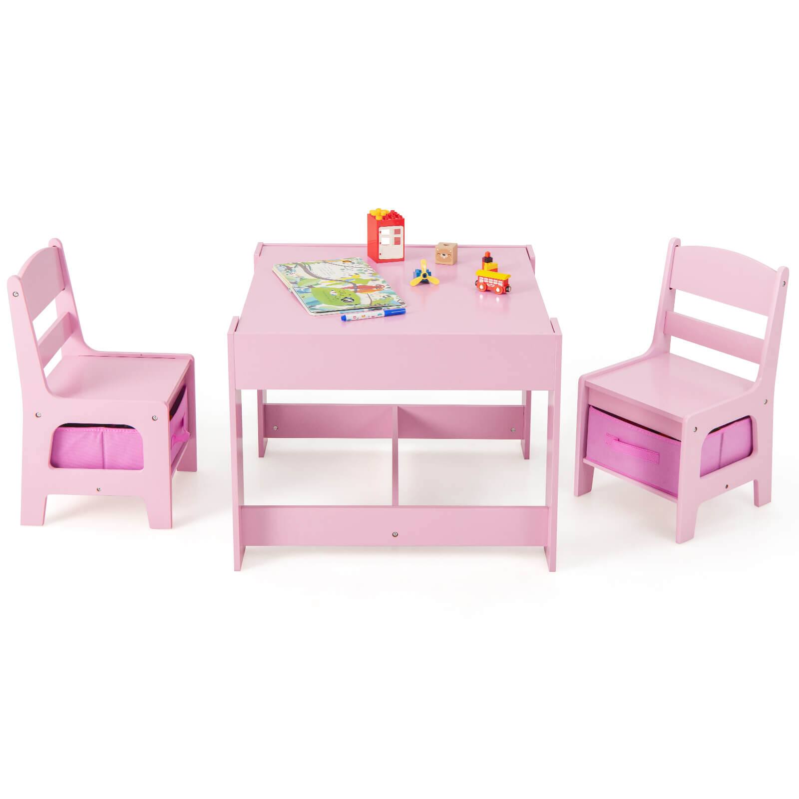Costway - 3 in 1 Kids Wood Table Chairs Set w/ Storage Box Blackboard Drawing - Pink