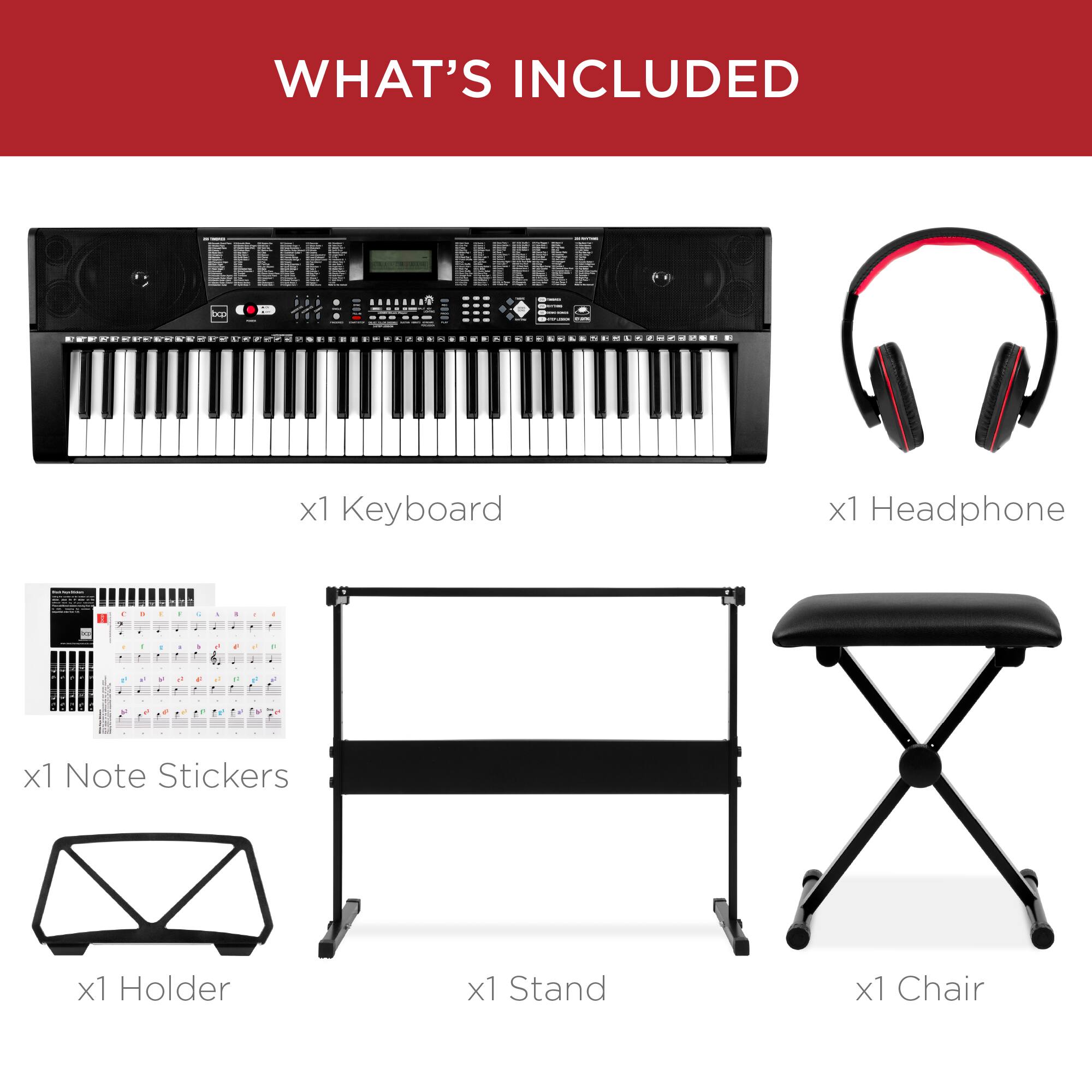 WHAT'S INCLUDED

- x1 Keyboard
- x1 Headphone
- x1 Note Stickers
- x1 Holder
- x1 Stand
- x1 Chair