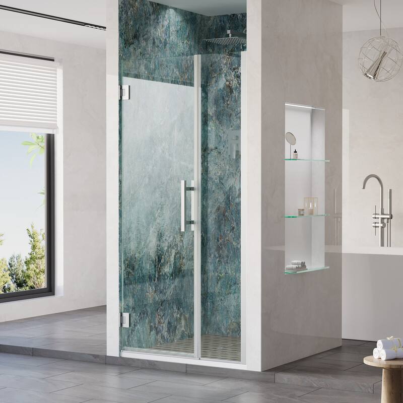 Angle. WELLFOR - 34–35 in. W x 72 in. H Frameless Hinged Shower Door with 3/8" Clear Tempered Glass, Reversible Opening - Chrome.