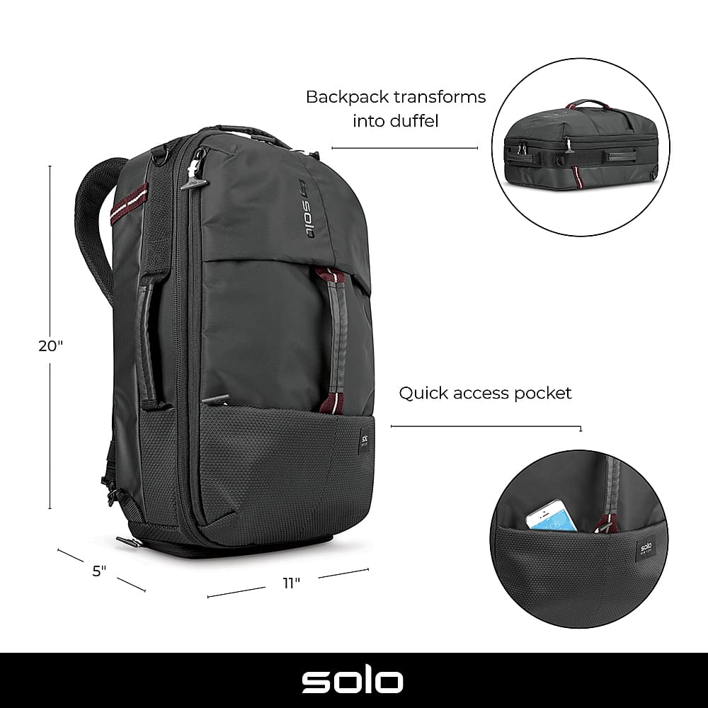 Backpack transforms into duffel. Solo 20" Quick access pocket.
