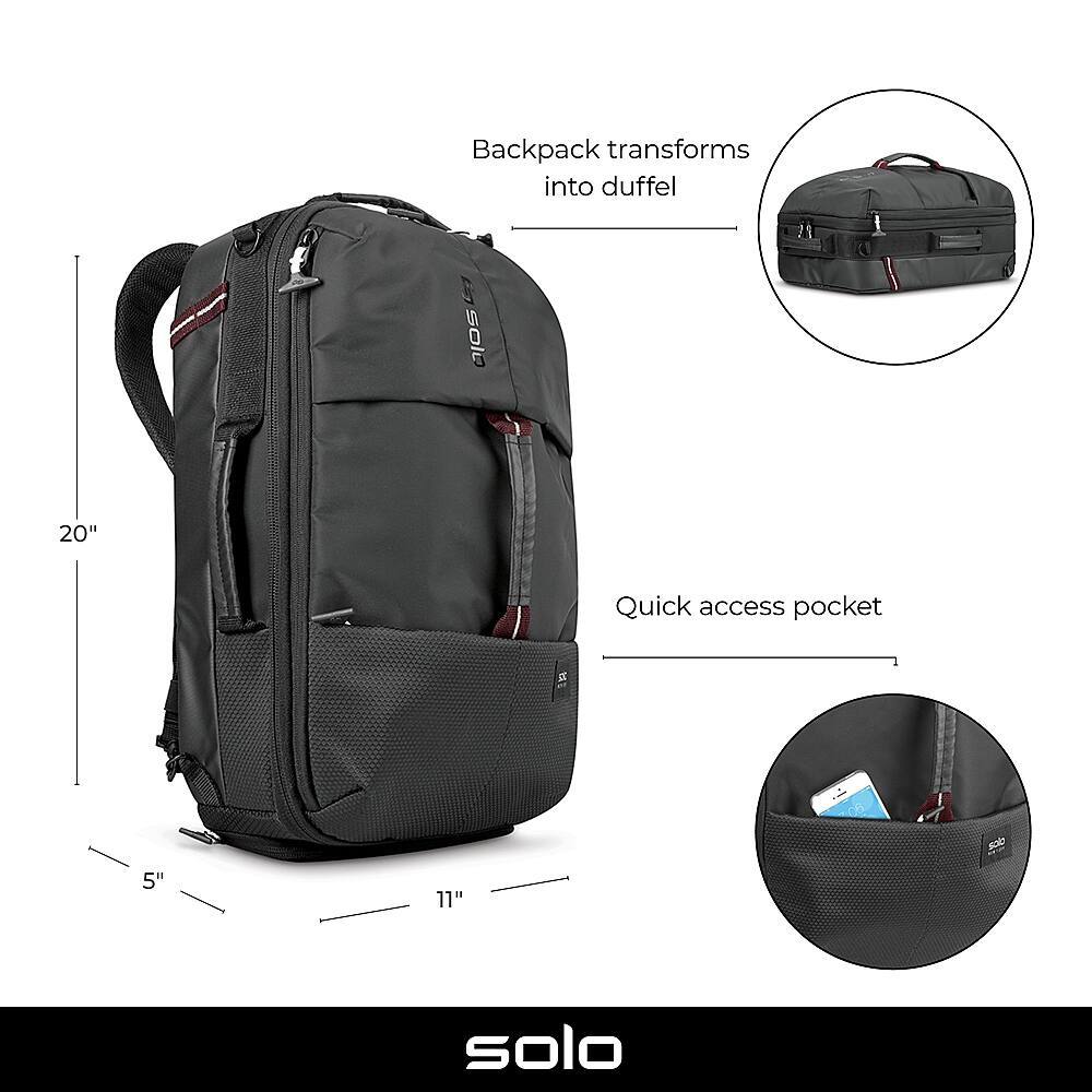 Backpack transforms into duffel. Solo 20" Quick access pocket.