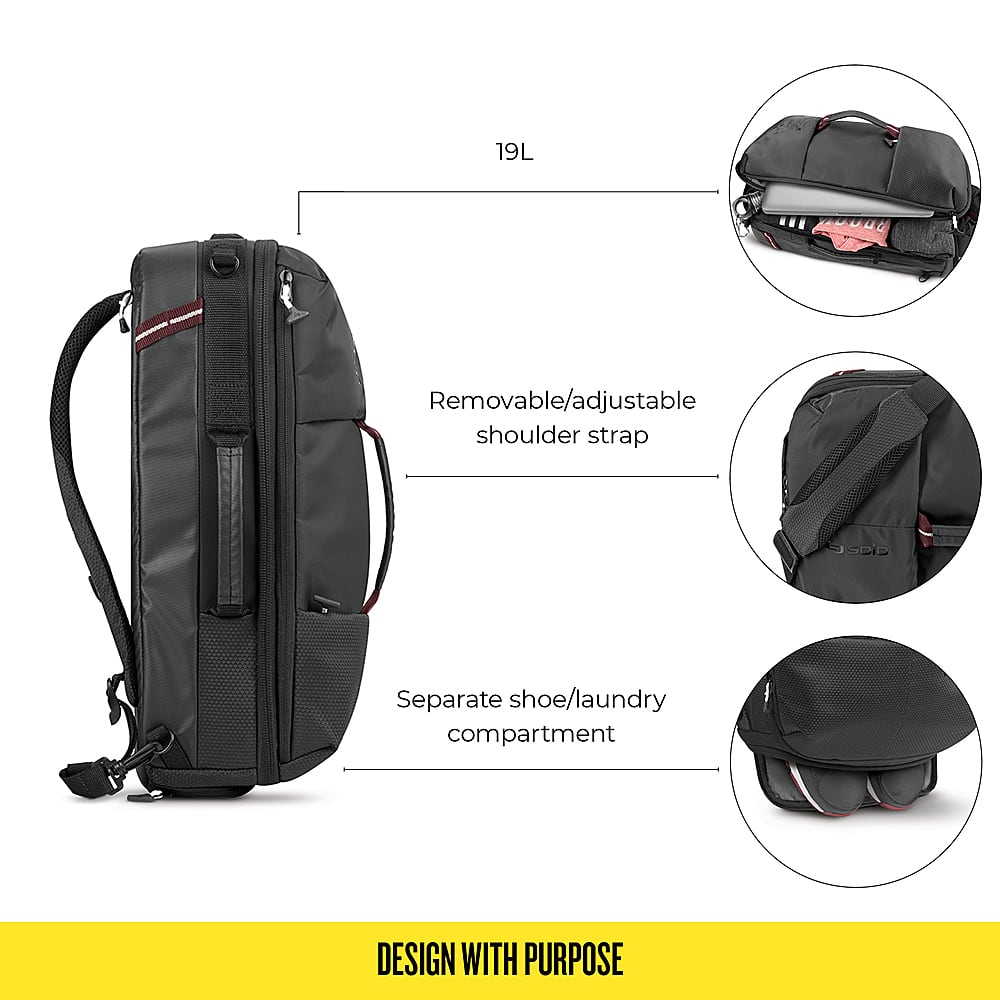 Design with Purpose 19L Removable/adjustable shoulder strap Separate shoe/laundry compartment