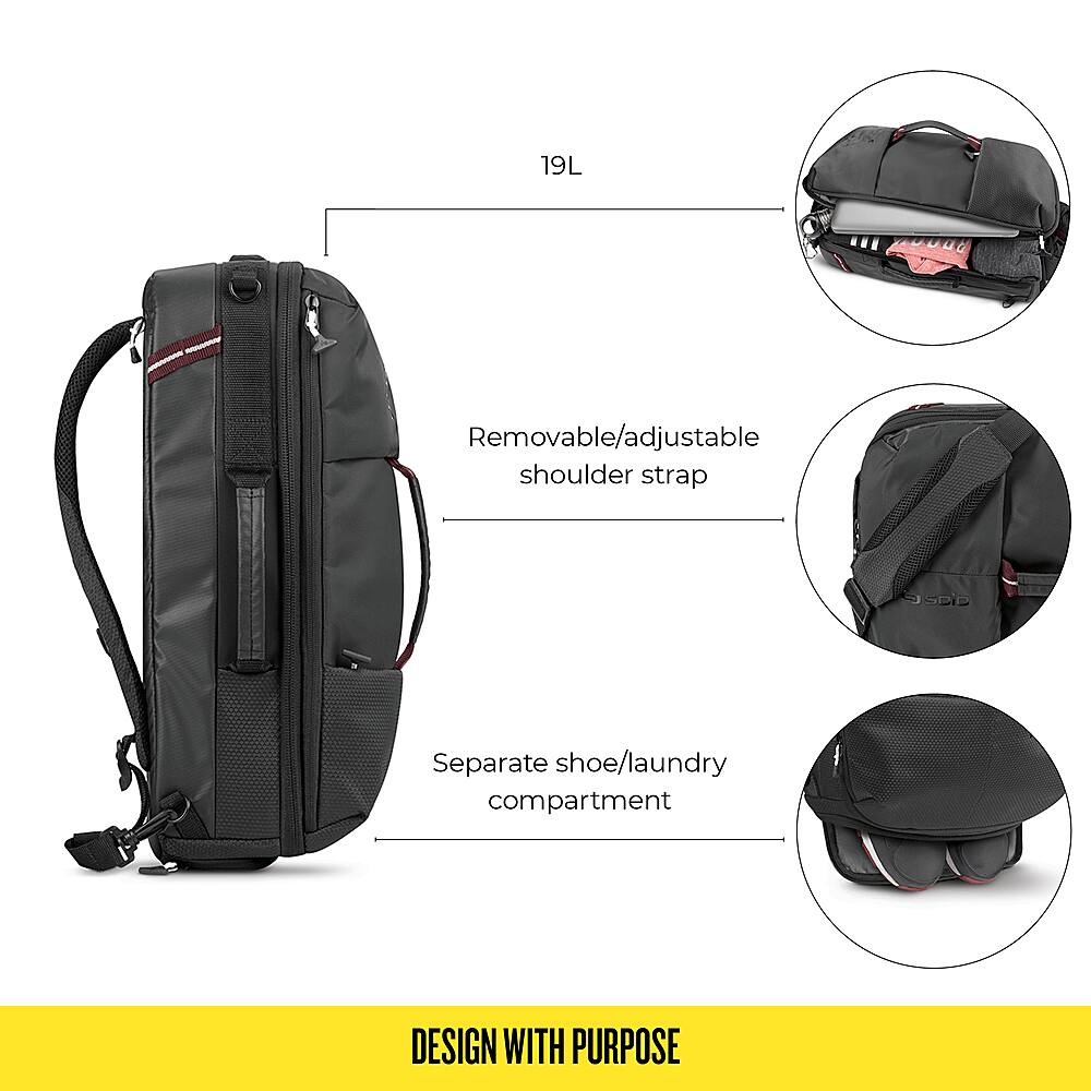 Design with Purpose 19L Removable/adjustable shoulder strap Separate shoe/laundry compartment