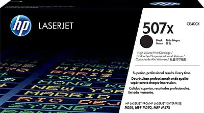 **HP LASERJET CE400X 507x**
- **Black Ink Cartridge / Cartouche d'impression Noire / Cartucho de Tinta Negra / Concha de Tinta Negra**
- **High Volume Print Cartridge / Cartouche d'impression Grand Volume / Cartucho de Alto Volumen / Cartouche d'impression de Grande Capacité**
**Superior, professional results. Every time.**
- **Des résultats professionnels et de qualité supérieure à chaque impression.**
- **Calidad superior, resultados profesionales. En todo momento.**
**Compatible with:**
- **HP LASERJET PRO / HP LASERJET ENTERPRISE M551, MFP M570, MFP M575**
**CE400X**