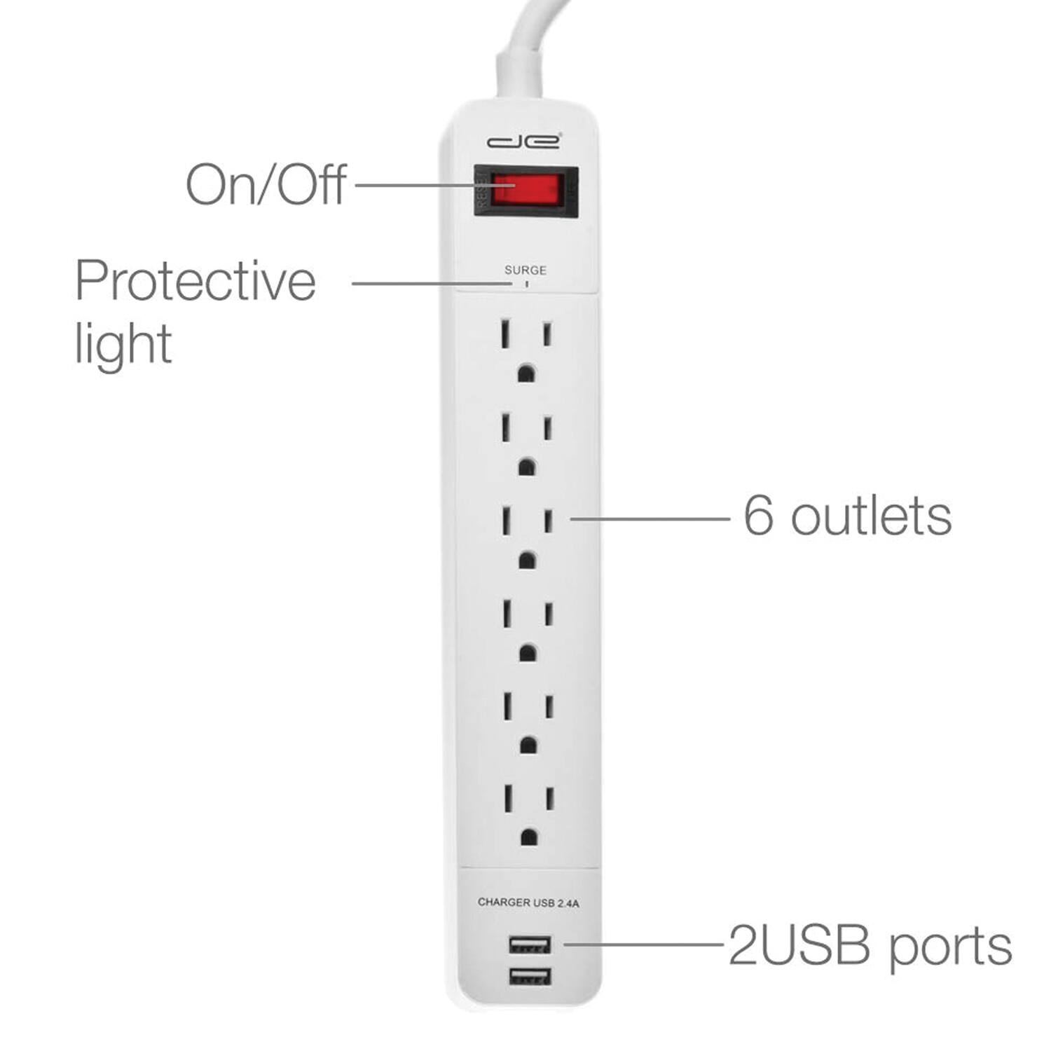 On/Off  
Protective light  
6 outlets  
2 USB ports (2.4A)