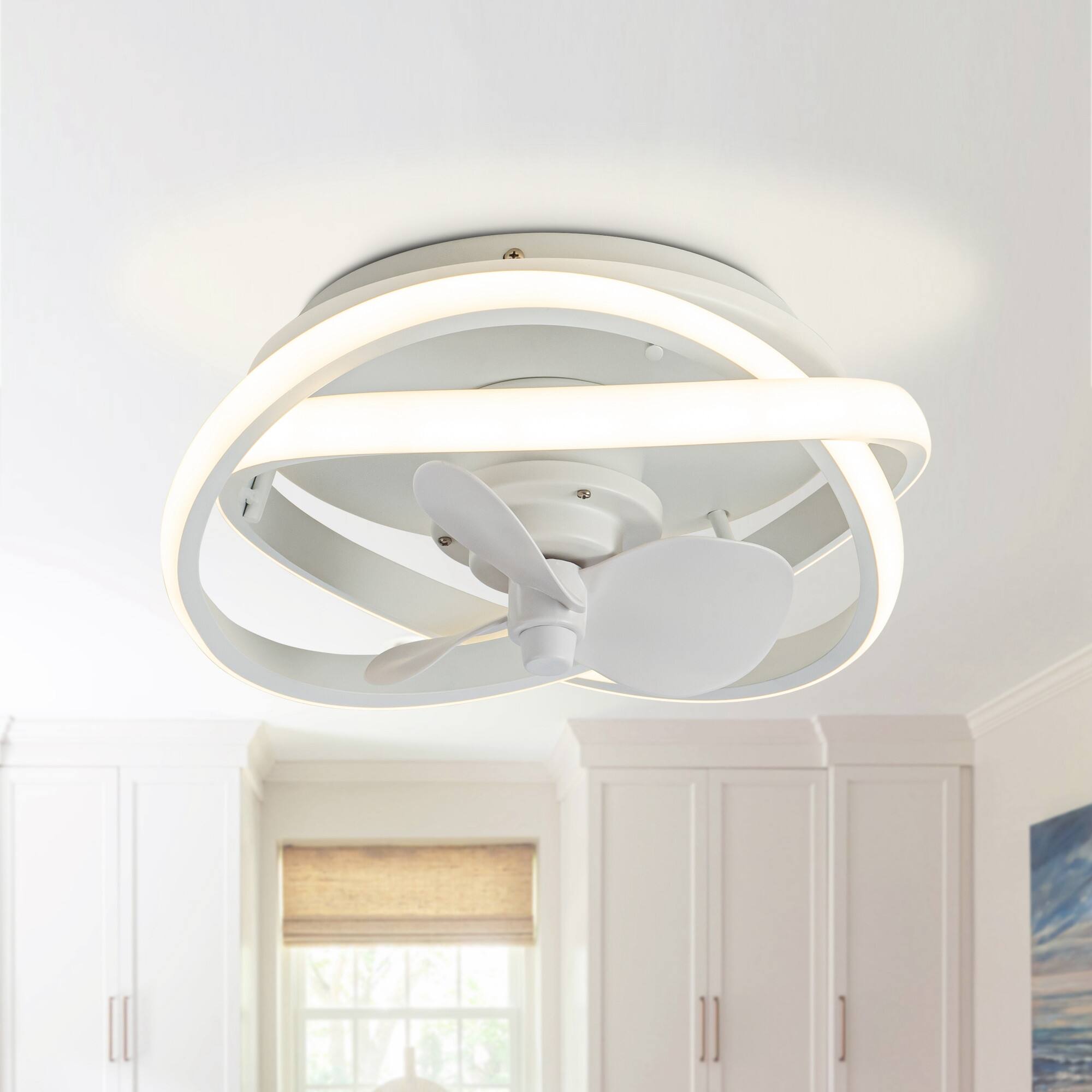 Angle. Parrot Uncle - 12.5" Modern White Flush Mount Ceiling Fan with LED Light - Matte White.