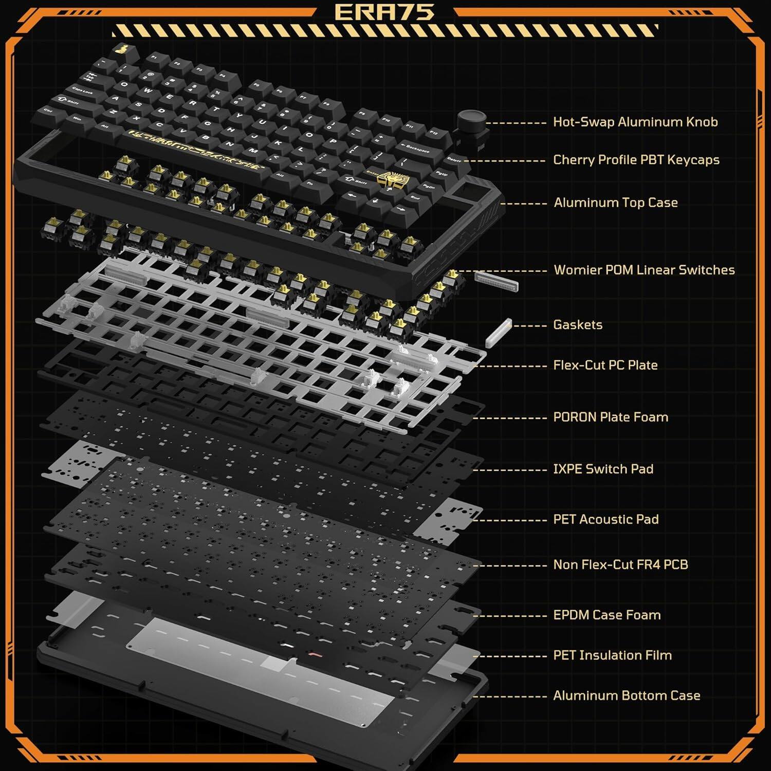 ERA75

- Hot-Swap Aluminum Knob
- Cherry Profile PBT Keycaps
- Aluminum Top Case
- Womier POM Linear Switches
- Gaskets
- Flex-Cut PC Plate
- PORON Plate Foam
- IXPE Switch Pad
- PET Acoustic Pad
- Non Flex-Cut FR4 PCB
- EPDM Case Foam
- PET Insulation Film
- Aluminum Bottom Case