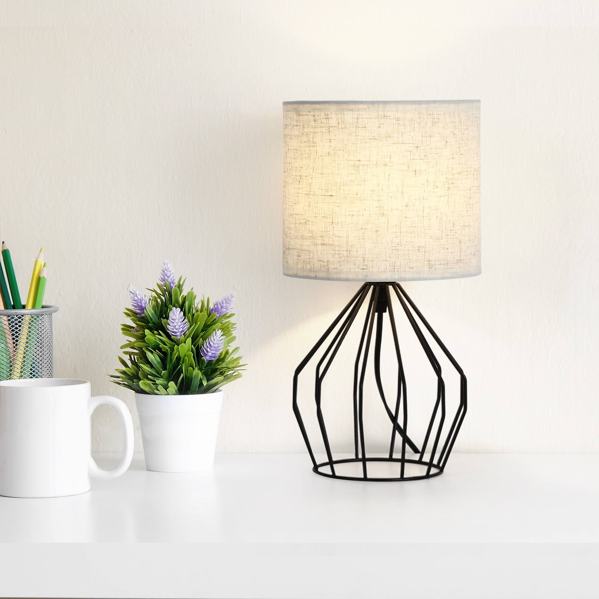 Alt View 2. Oumilen - 13.8In Black Metal Frame Table Lamp with Linen Shade Modern Geometric Bedside Lamp.