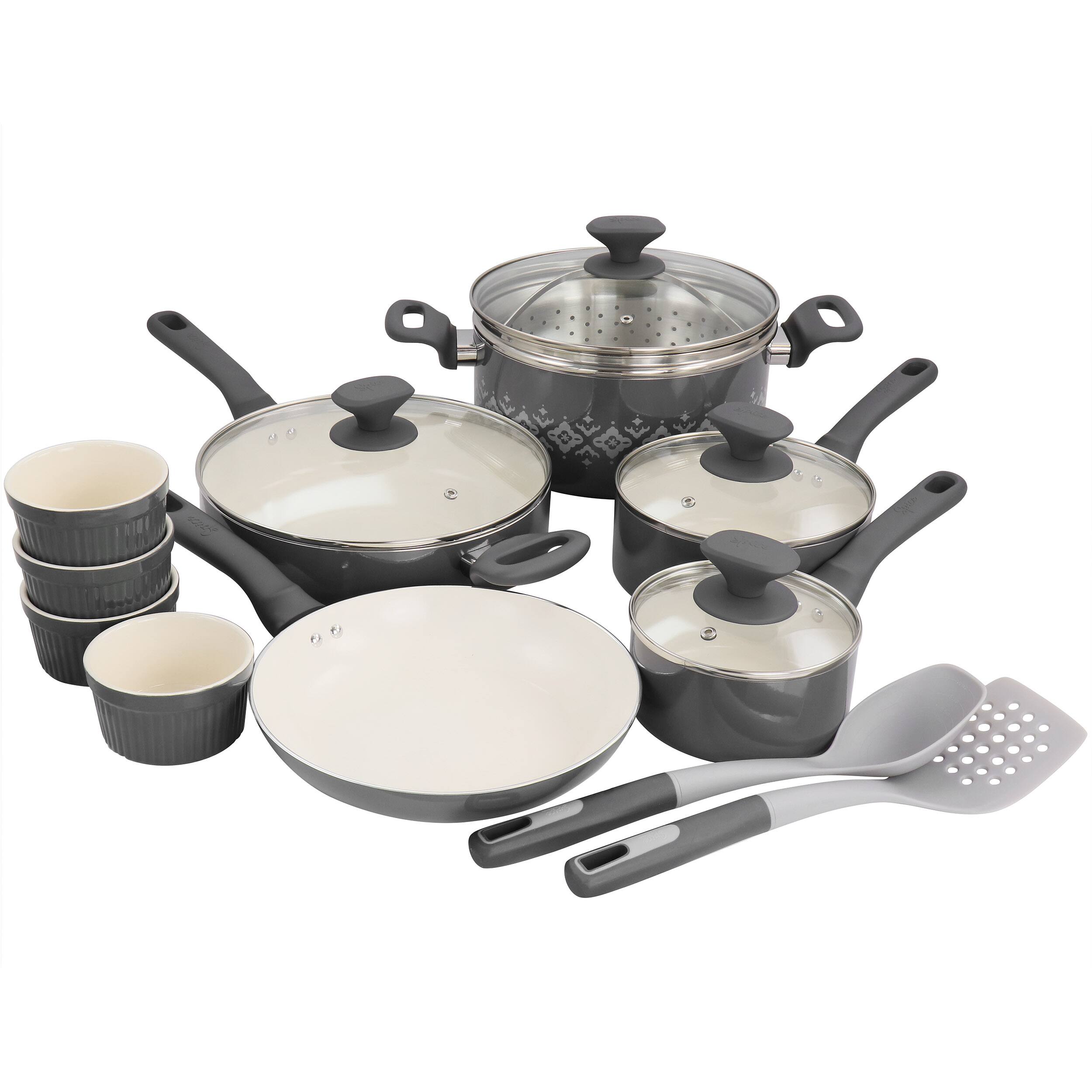Front. Spice By Tia Mowry - Spice by Tia Mowry Savory Saffron 16 Piece Ceramic Nonstick Cookware Set in Grey - Gray.