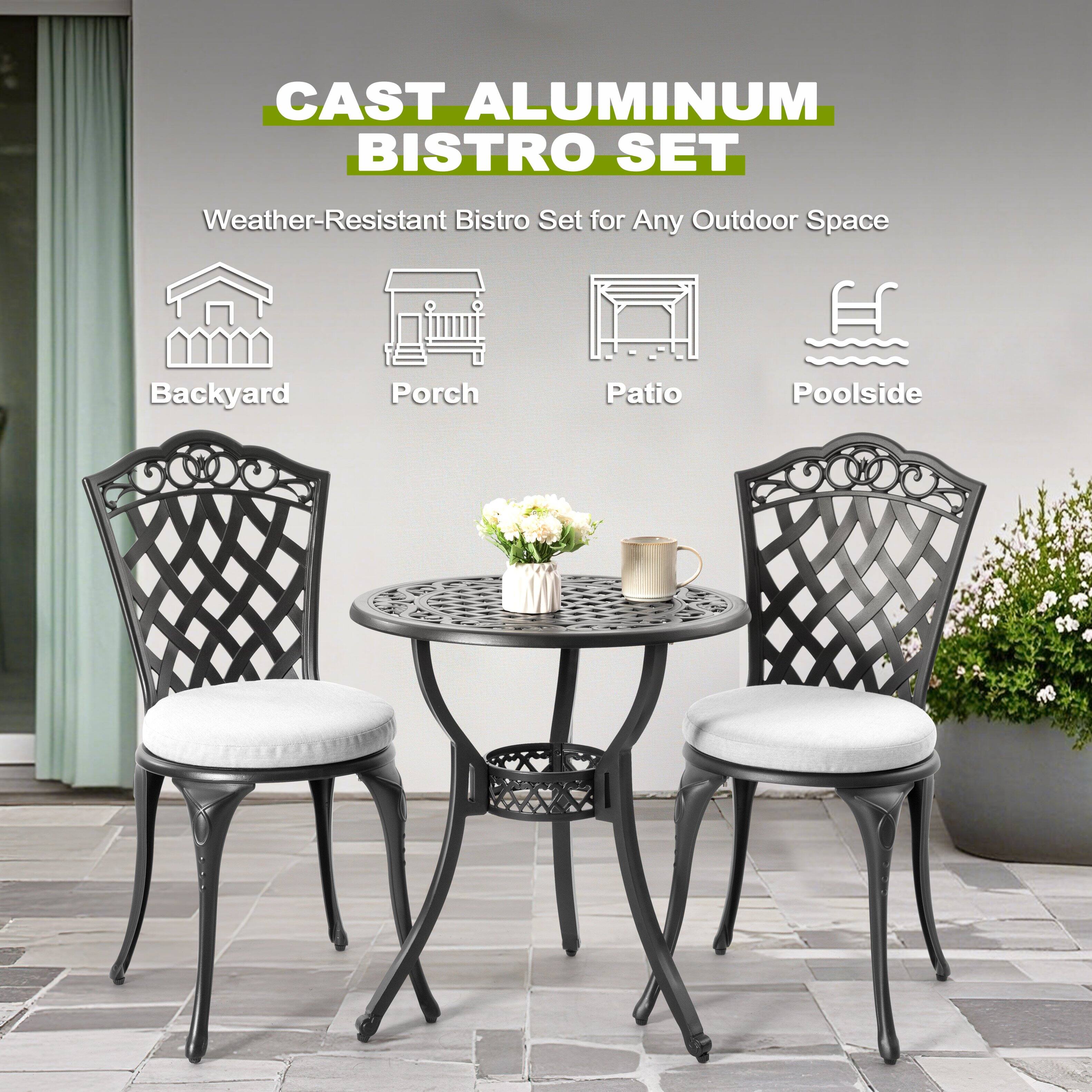 CAST ALUMINUM BISTRO SET  
Weather-Resistant Bistro Set for Any Outdoor Space  
Backyard  
Porch  
Patio  
Poolside