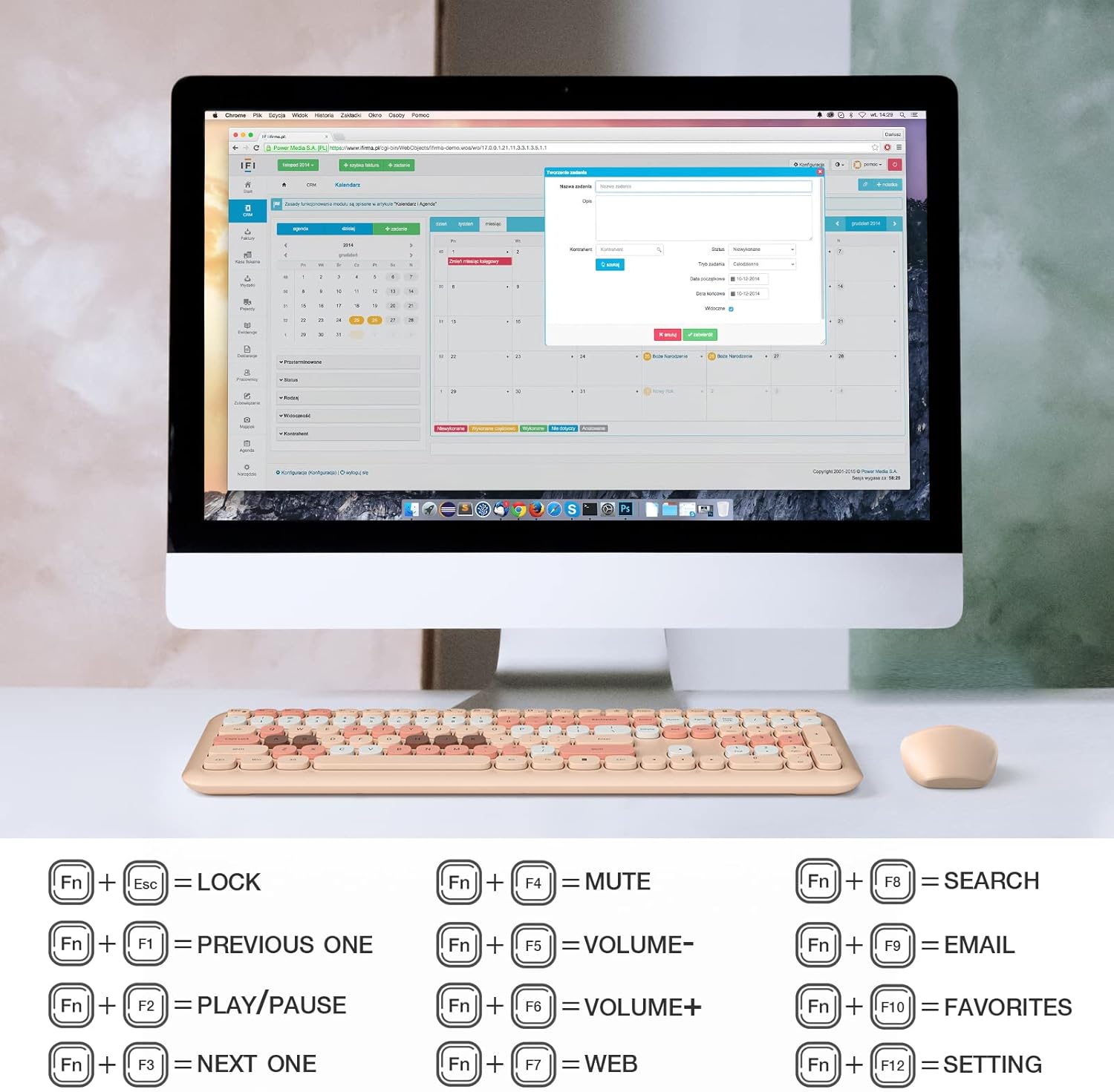 - Fn + Esc = LOCK
- Fn + F1 = PREVIOUS ONE
- Fn + F2 = PLAY/PAUSE
- Fn + F3 = NEXT ONE
- Fn + F4 = MUTE
- Fn + F5 = VOLUME-
- Fn + F6 = VOLUME+
- Fn + F7 = WEB
- Fn + F8 = SEARCH
- Fn + F9 = EMAIL
- Fn + F10 = FAVORITES
- Fn + F12 = SETTING