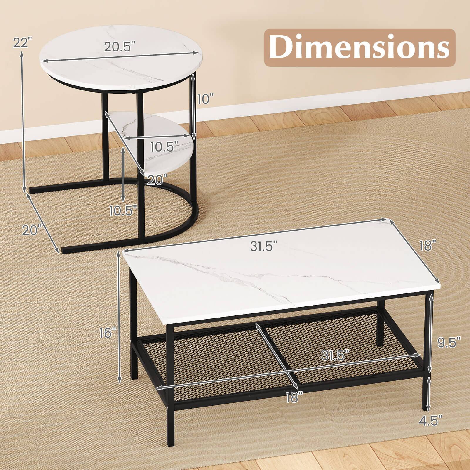 Dimensions

- 22" (height)
- 20.5" (diameter)
- 10" (height of the smaller table)
- 10.5" (diameter of the smaller table)
- 20" (height of the legs)
- 31.5" (length of the larger table)
- 18" (width of the larger table)
- 16" (depth of the larger table)
- 9.5" (height of the larger table)
- 4.5" (height of the shelf)