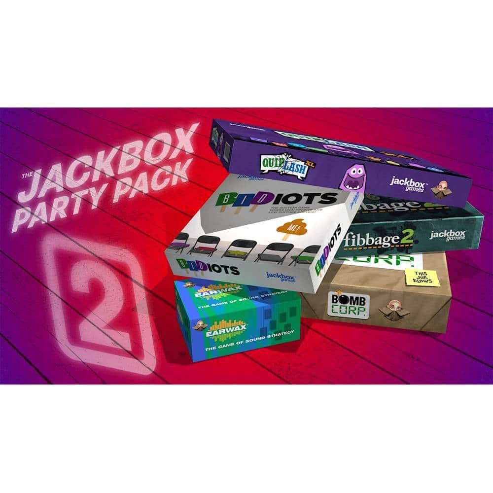 The image features a stack of four different Jackbox games, including QUIP, QUIPLASH, BOMBBOOTS, and FIBBAGE. The games are displayed on a table, with each box showcasing the unique gameplay and artwork. The stack of boxes is accompanied by a banner that reads "Jackbox Party Pack 2," indicating that this is a collection of popular party games for social gatherings.