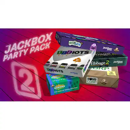 The image features a stack of four different Jackbox games, including QUIP, QUIPLASH, BOMBBOOTS, and FIBBAGE. The games are displayed on a table, with each box showcasing the unique gameplay and artwork. The stack of boxes is accompanied by a banner that reads "Jackbox Party Pack 2," indicating that this is a collection of popular party games for social gatherings. - T (Teen 13+)