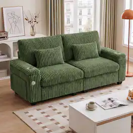 Dyonery - 91" Love Seat Sofa Couch with Storage Armrest and USB Type-C Charging Port, Comfy Corduroy Loveseat Couches. - Green