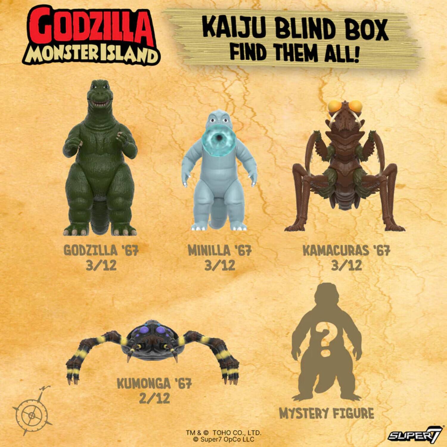 GODZILLA KAIJU BLIND BOX MONSTER ISLAND FIND THEM ALL! GODZILLA '67 3/12 MINILLA '67 3/12 KAMACURAS '67 3/12 KUMONGA '67 2/12 MYSTERY FIGURE TM & TOHO CO., LTD. Super7 OpCo LLC