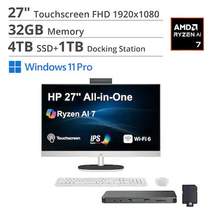 27" Touchscreen FHD 1920x1080
32GB Memory
4TB SSD + 1TB Docking Station
Windows 11 Pro
HP 27" All-in-One
AMD Ryzen AI 7
Touchscreen IPS
Wi-Fi 6