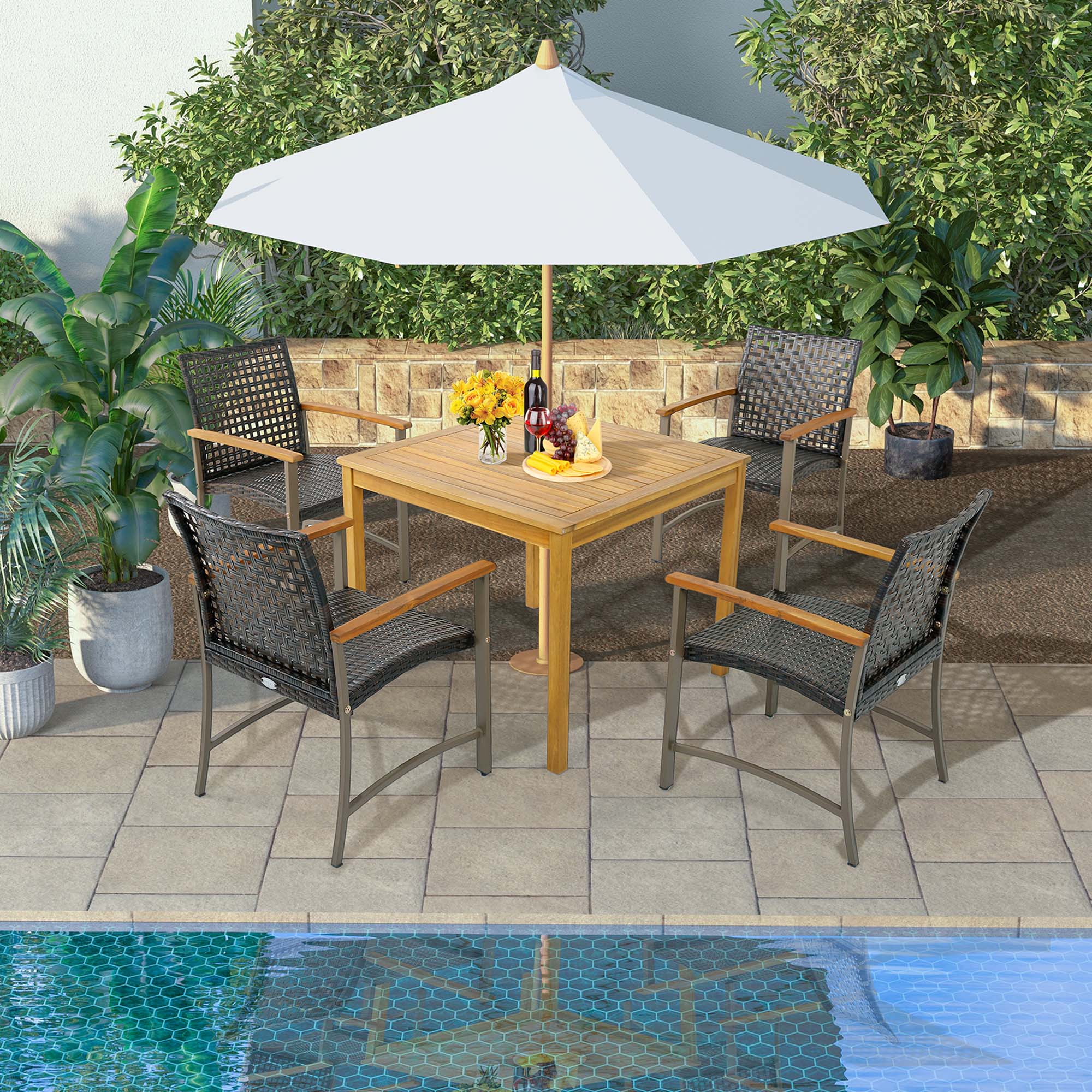 Alt View 3. Costway - Costway Set of 4 Patio Dining Chairs Outdoor Wicker Armchairs with Acacia Wood Armrests - Mix Brown,Natural,Silver.