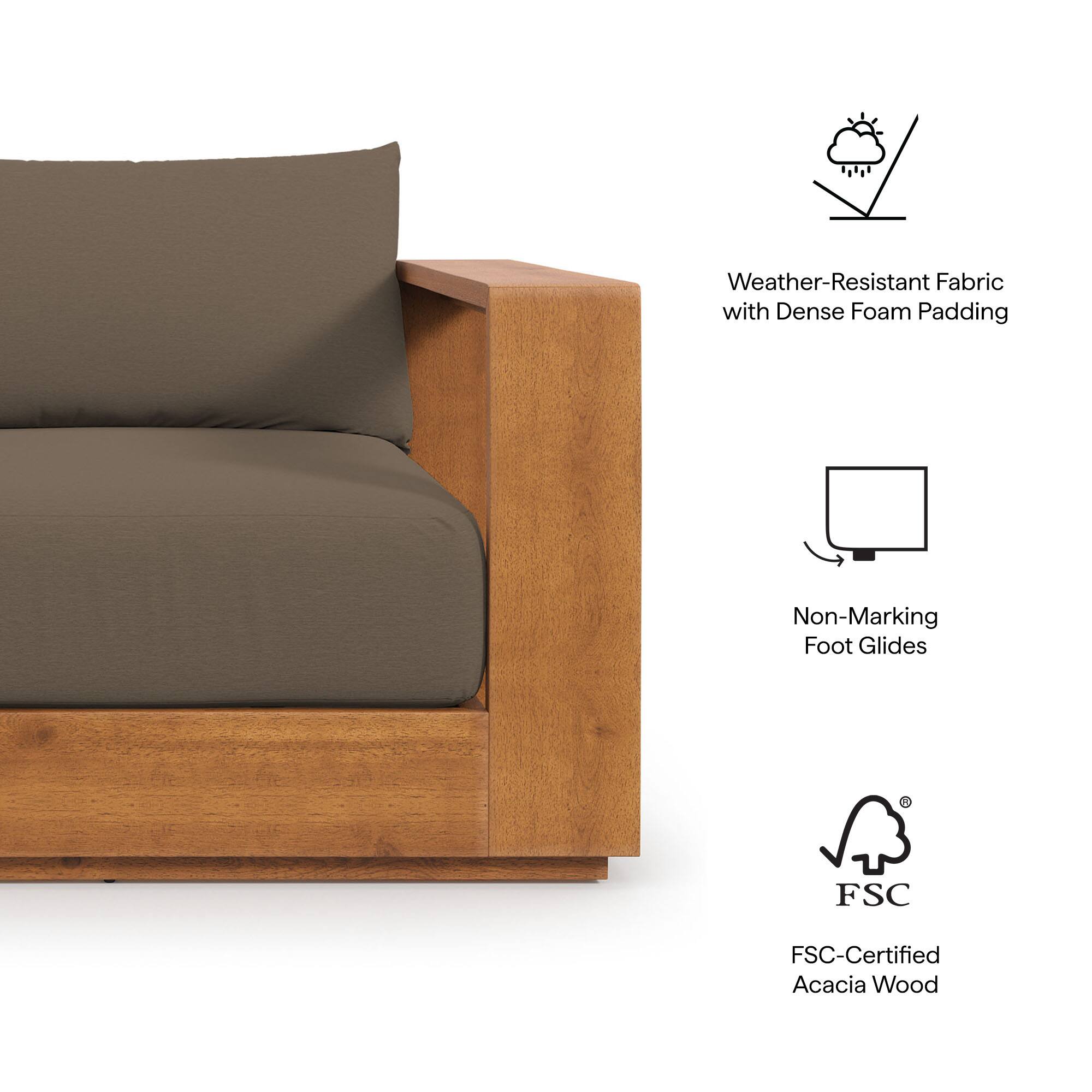 - Weather-Resistant Fabric with Dense Foam Padding
- Non-Marking Foot Glides
- FSC-Certified Acacia Wood