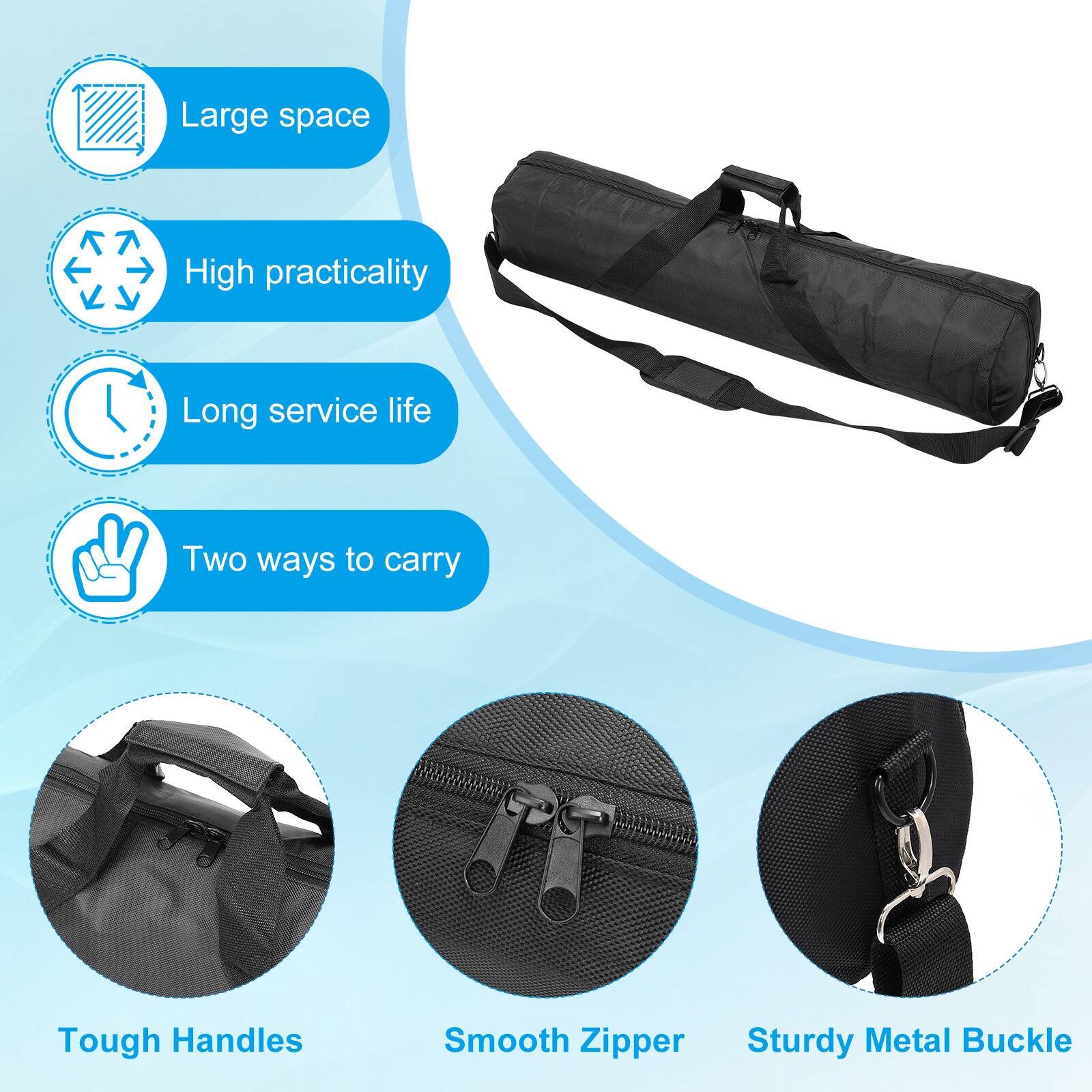 - Large space
- High practicality
- Long service life
- Two ways to carry
- Tough Handles
- Smooth Zipper
- Sturdy Metal Buckle