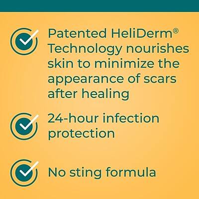Patented HeliDerm® Technology nourishes skin to minimize the appearance of scars after healing  
24-hour infection protection  
No sting formula