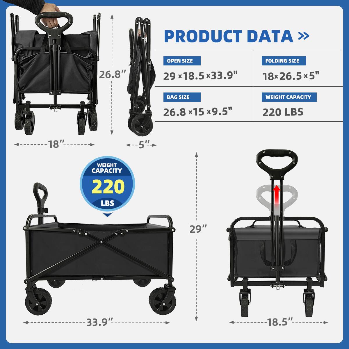 PRODUCT DATA OPEN SIZE FOLDING SIZE BAG SIZE WEIGHT CAPACITY 26.8" 29" x 18.5" x 33.9" 18" x 5" 26.8 x 15 x 9.5" 220 LBS 18" 5" 29" 33.9" 18.5" 220 LBS