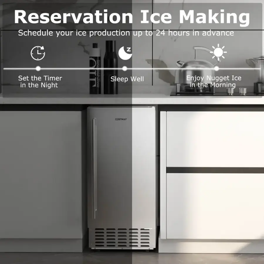 Reservation Ice Making:

1. Schedule your ice production up to 24 hours in advance.
2. Set the Timer in the Night.
3. Sleep Well.
4. Enjoy Nugget Ice in the Morning.