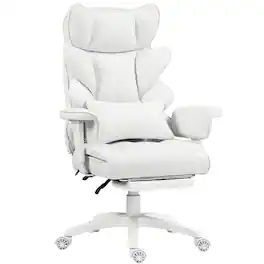 Dowinx - Wide Back Executive Office Chair with Padded Pocket Spring Cushion, Reclining Gaming Chair with Footrest and Armrests - White Fabric