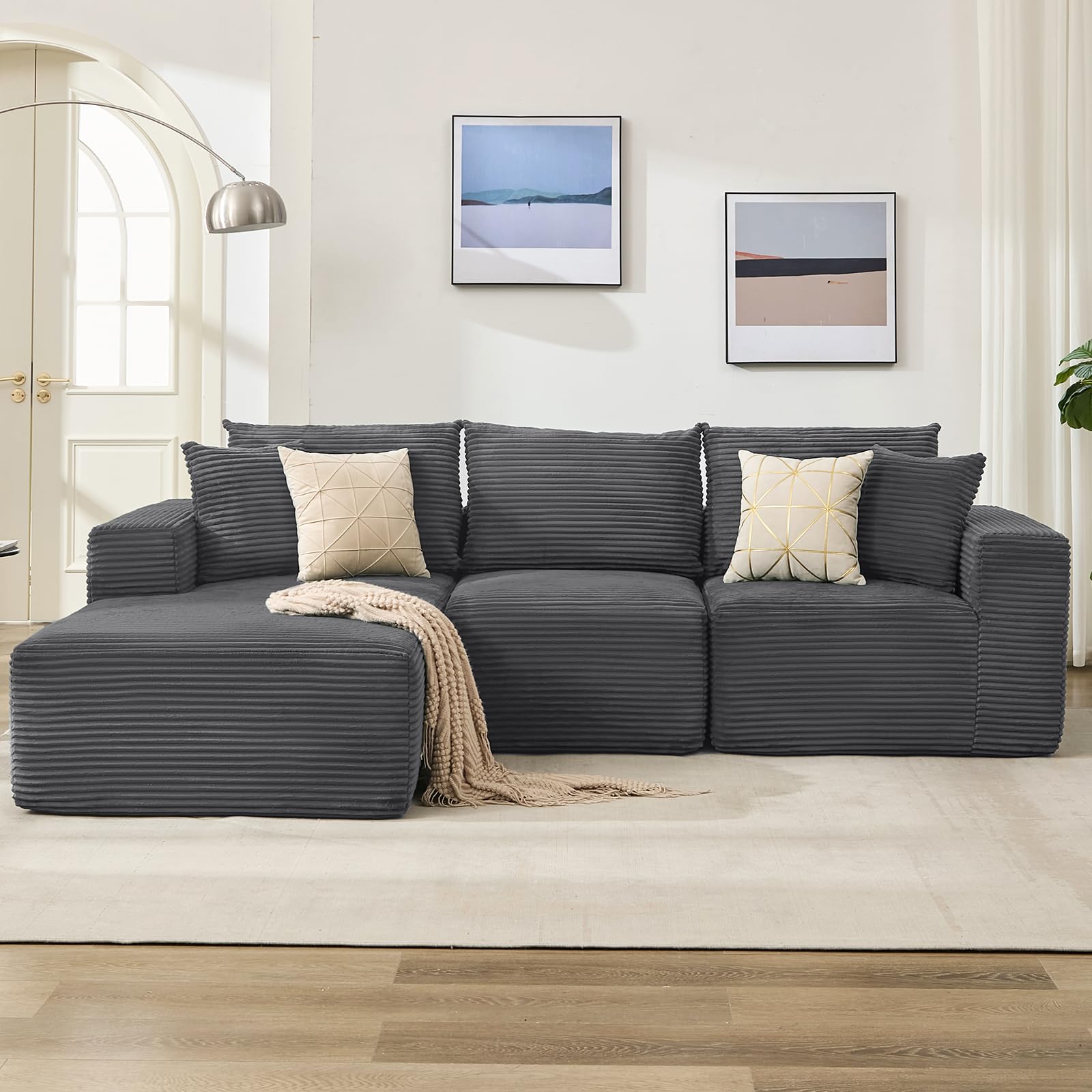 Angle. Jojoka - 108" Modular L-Shaped Cloud Couch, Reversible Chaise Sectional Sofa with Deep Seats & Corduroy Upholstery - Grey.
