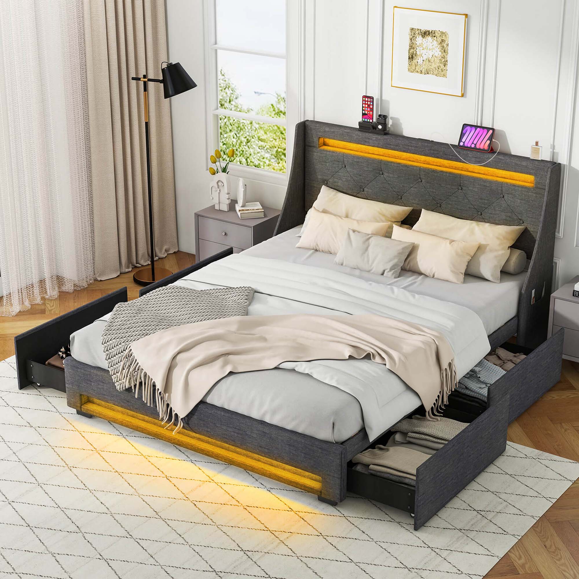 Alt View 1. Costway - Queen Size Bed Frame with LED Lights & Charging Station Upholstered Platform Bed - Gray.