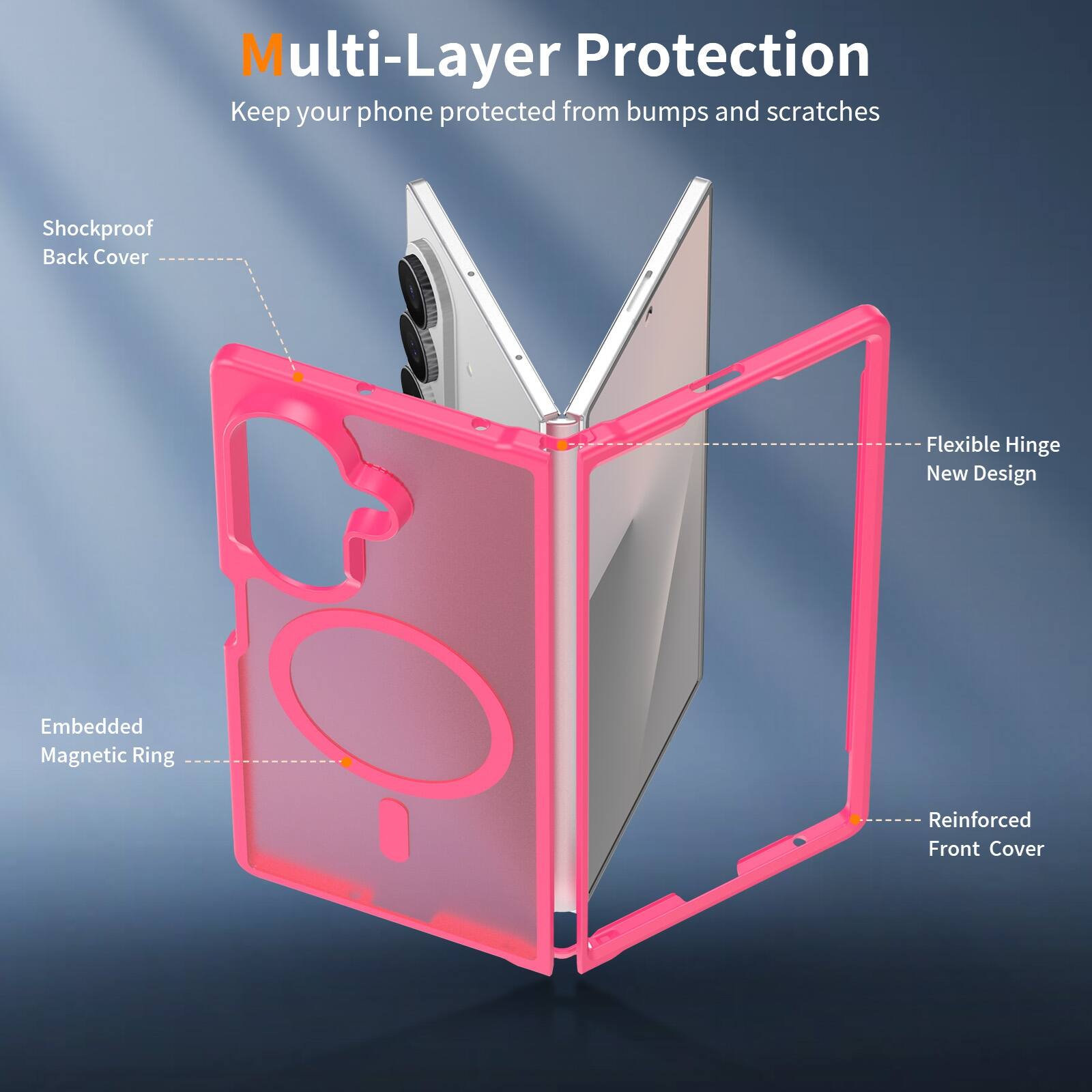 Multi-Layer Protection  
Keep your phone protected from bumps and scratches  
- Shockproof Back Cover  
- Flexible Hinge New Design  
- Embedded Magnetic Ring  
- Reinforced Front Cover