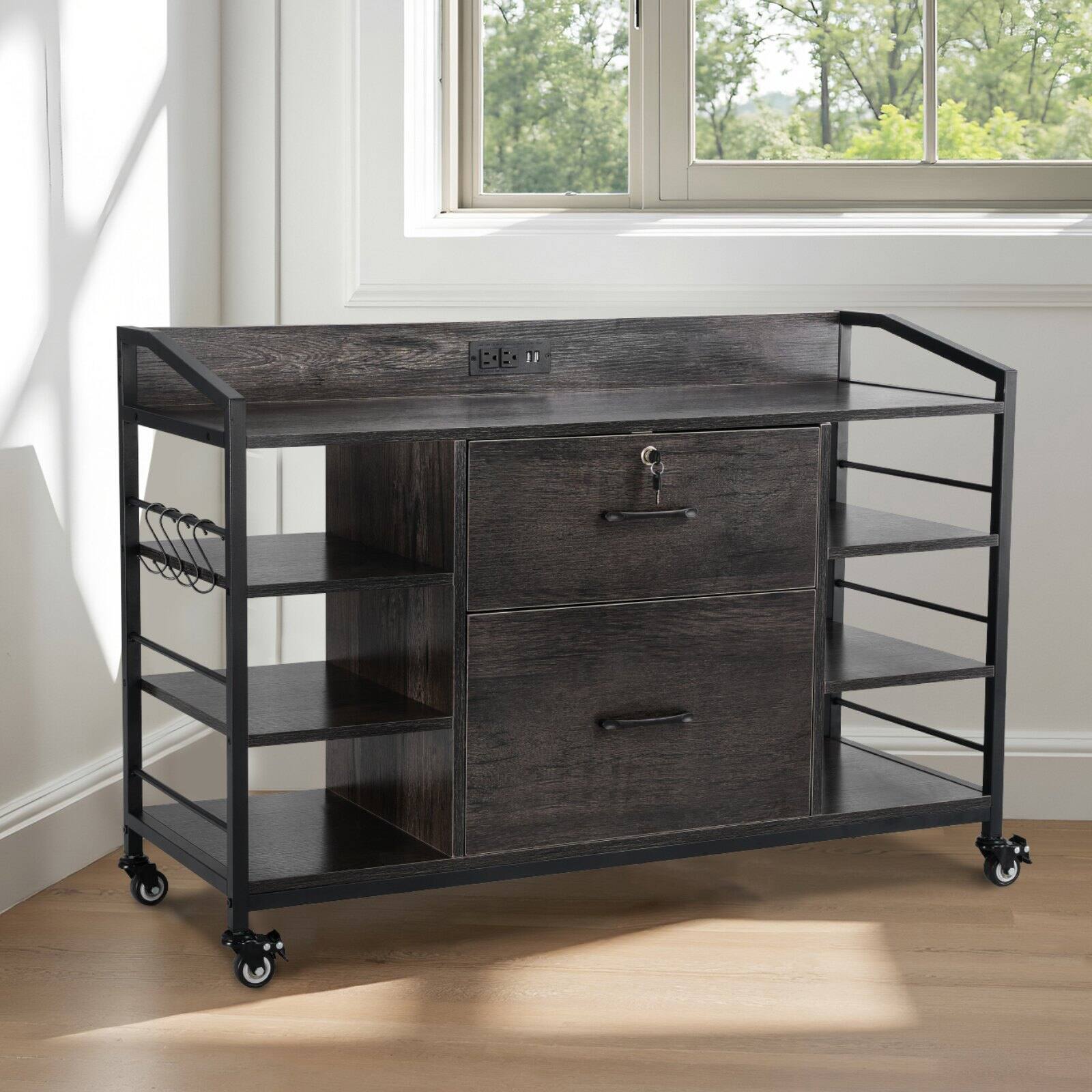 Alt View 1. Glintex - 2 Drawer Metal File Cabinet Lateral Storage with Lock and 6 Shelves Power Strip for Office Home Legal File - Gray.