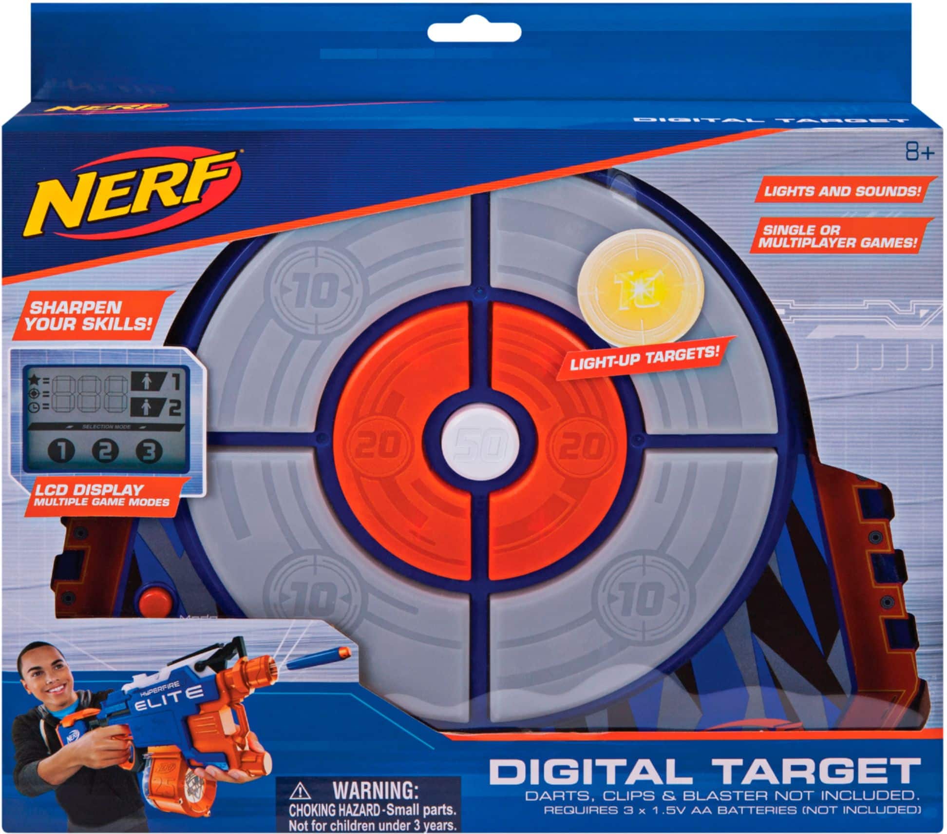 A NERF SHARPEN YOUR SKILLS! 1:1 20 LCD DISPLAY MULTIPLE GAME MODES 50 BIT DIGITAL TARGETT 8+ LIGHTS AND SOUNDS! SINGLE OR MULTIPLAYER GAMES! LIGHT-UP TARGETS! 20 10 10 - ELITE J DIGITAL TARGETT WARNING: DARTS, CLIPS & BLASTER NOT INCLUDED. CHOKING HAZARD - Small parts. REQUIRES 3 1.5V AA BATTERIES NOT INCLUDED) Not for children under 3 years.