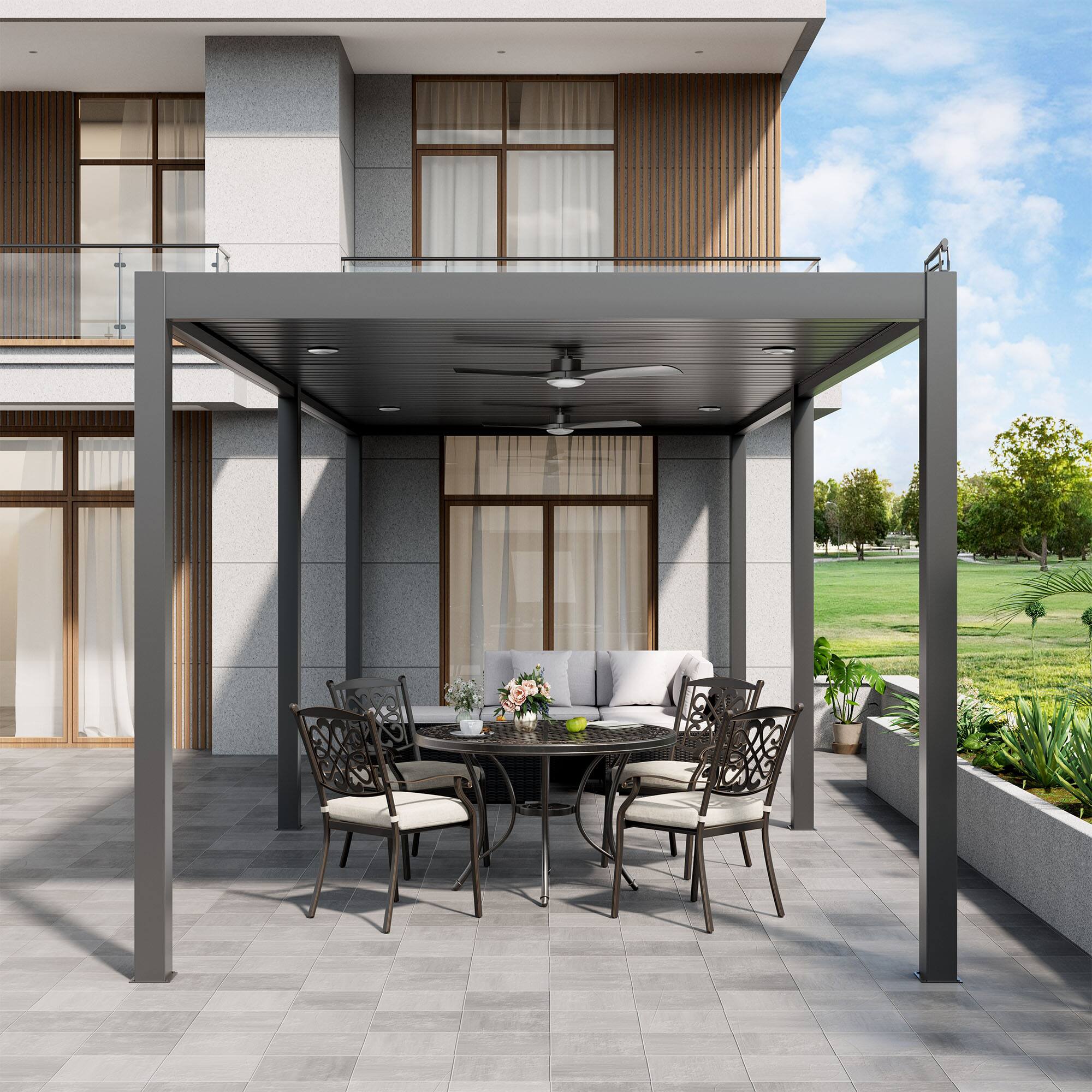 Angle. Mondawe - 10ft x 26ft Solar-Powered Aluminum Pergola with Adjustable Louvers and Hidden Drainage System - Grey.