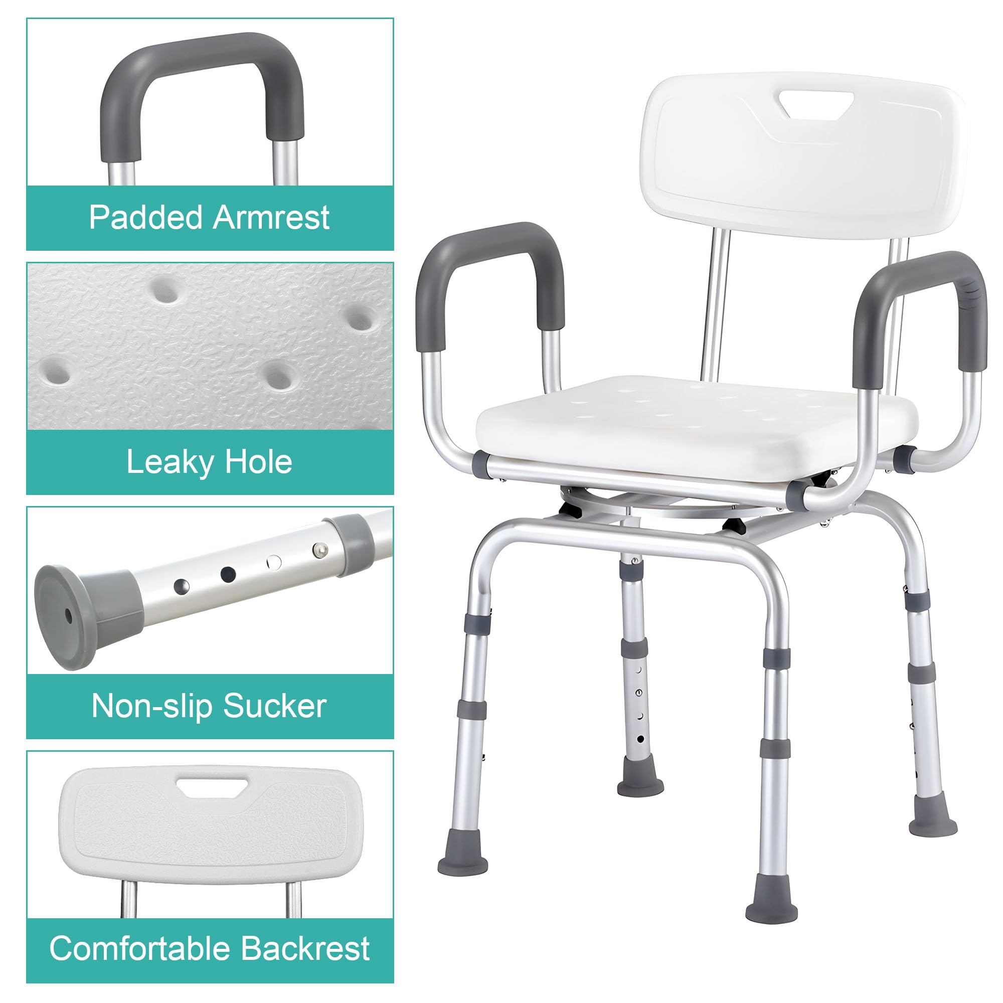 - Padded Armrest
- Leaky Hole
- Non-slip Sucker
- Comfortable Backrest