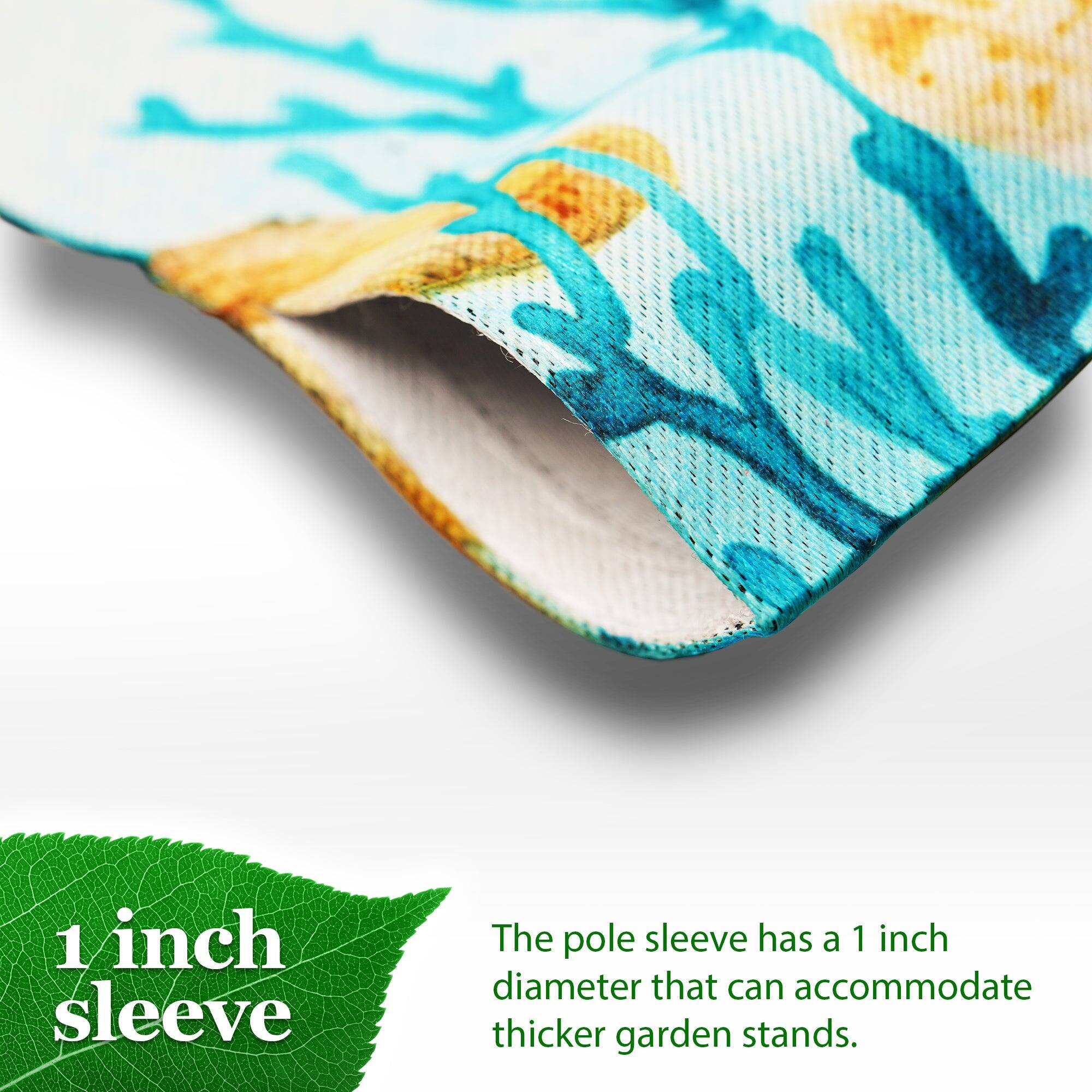 1 inch sleeve

The pole sleeve has a 1 inch diameter that can accommodate thicker garden stands.