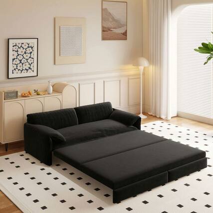 Front. Kadyn - 66" Queen Pull Out Sofa Bed, 3-in-1 Convertible Sleeper with Side Storage, Velvet Loveseat - Black.