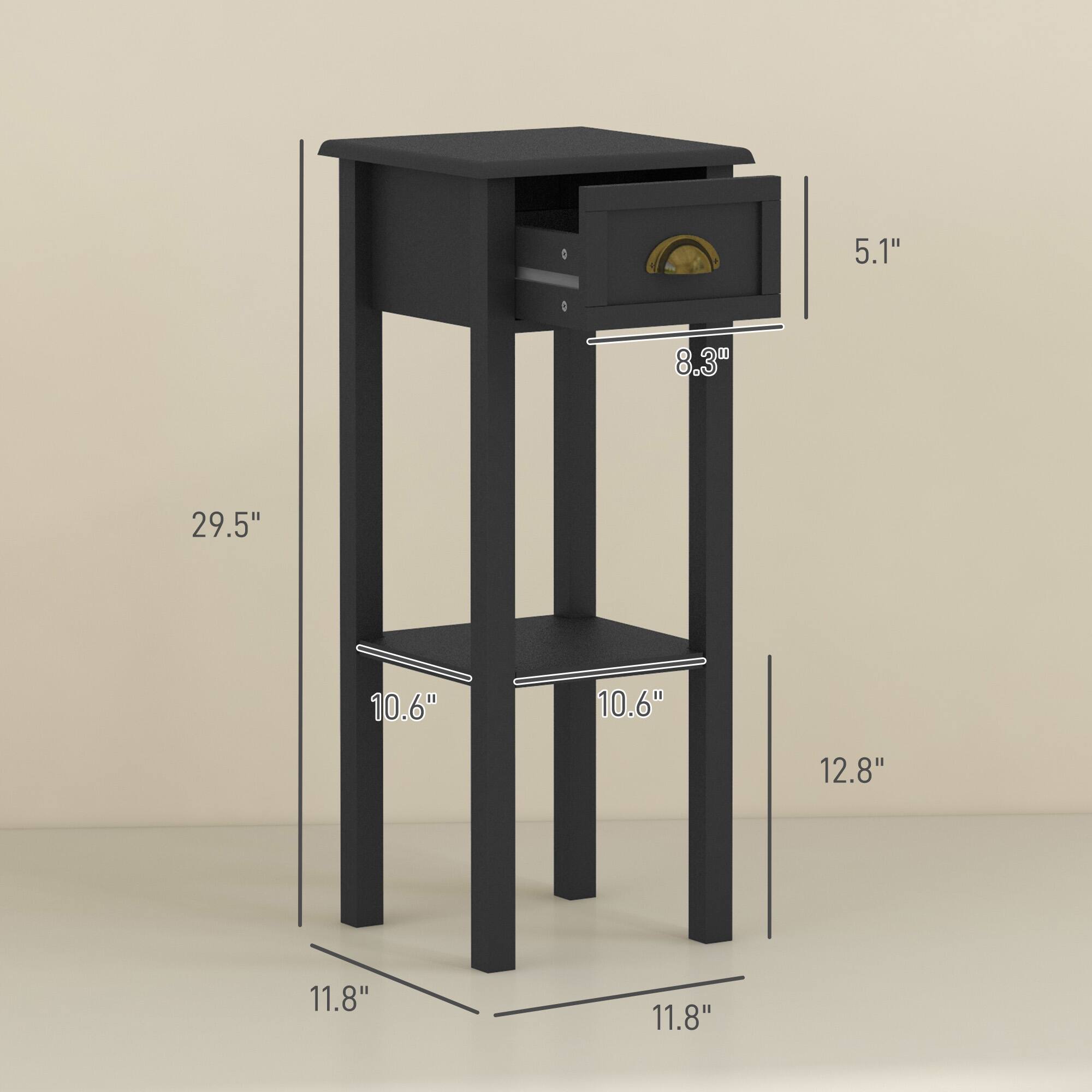 The dimensions of the stool are as follows:

- Height: 29.5"
- Width: 12.8"
- Depth: 11.8"
- Height of the drawer: 8.3"
- Width of the drawer: 10.6"
- Depth of the drawer: 10.6"
- Height of the shelf: 5.1"