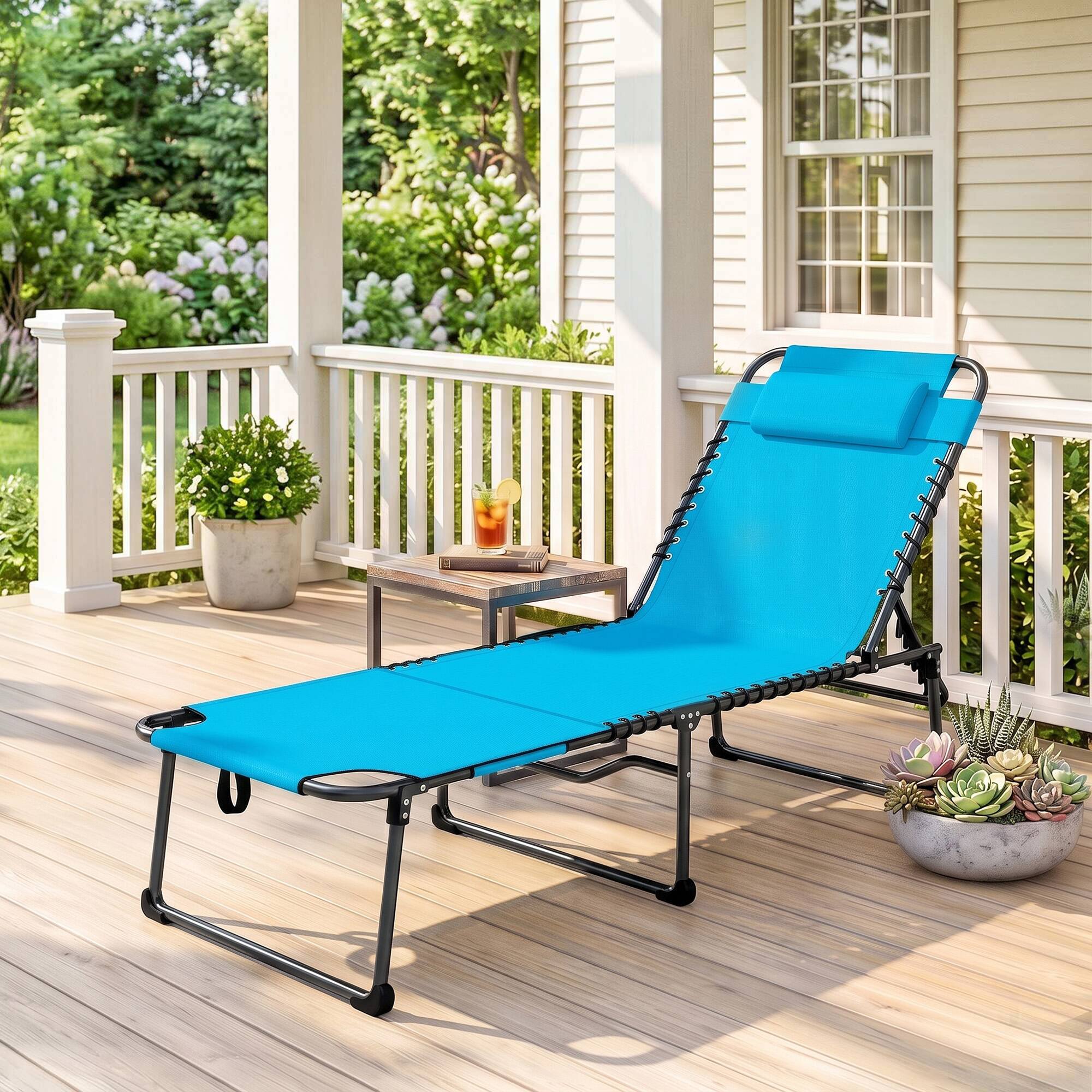 Alt View 1. Outsunny - Chaise Tanning Lounge Chair w/ 5-level Reclining Back, Reading Hole, Side Pocket - Blue.