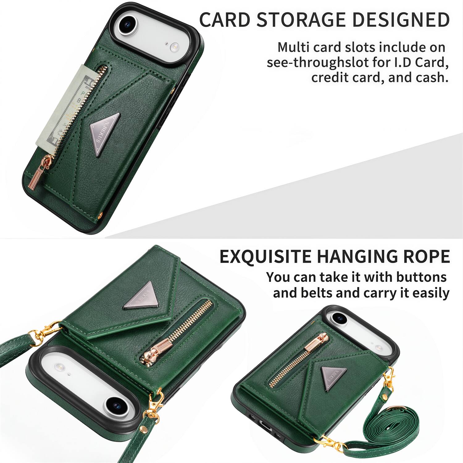CARD STORAGE DESIGNED  
Multi card slots include on see-through slot for I.D Card, credit card, and cash.  

EXQUISITE HANGING ROPE  
You can take it with buttons and belts and carry it easily