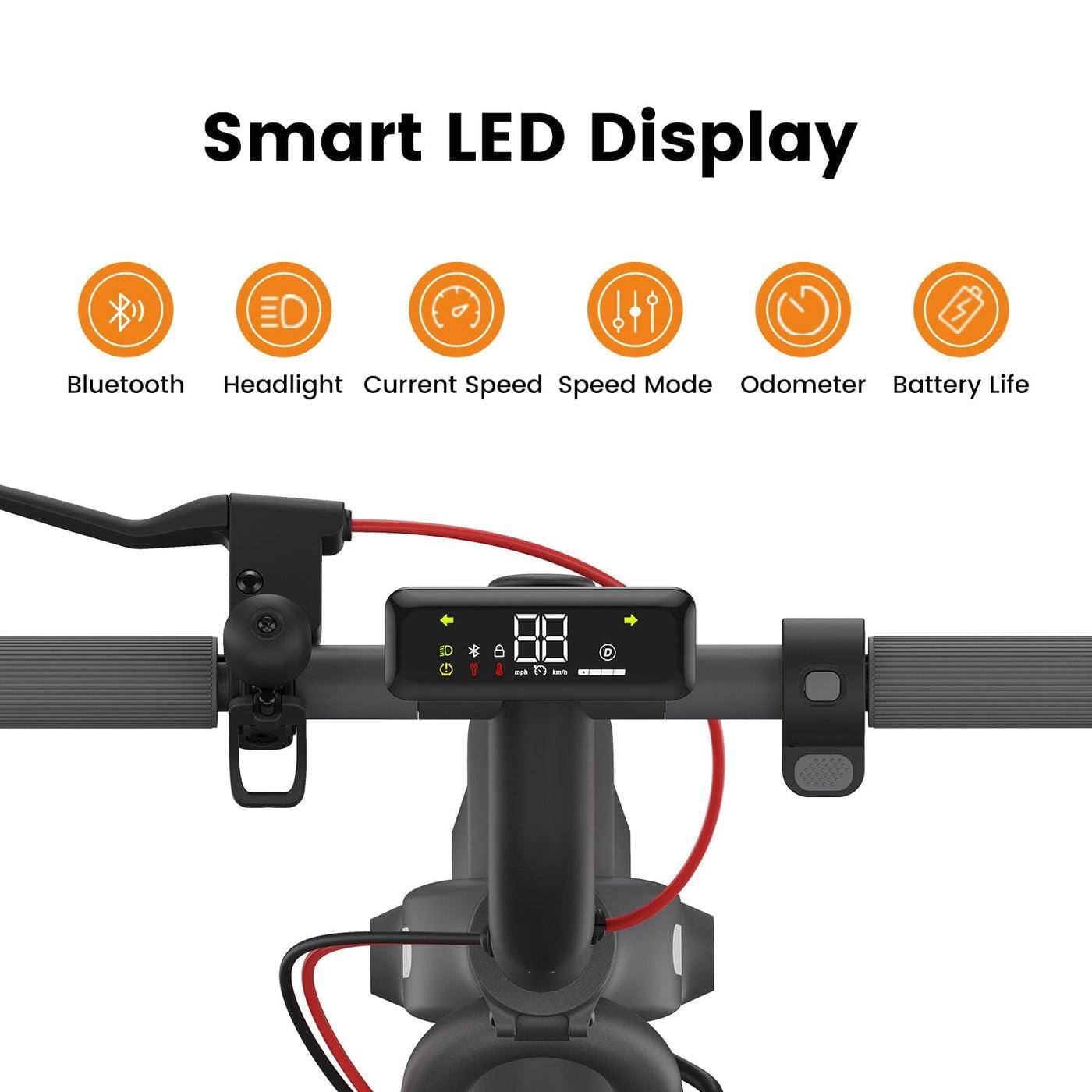 Smart LED Display  
Bluetooth  
Headlight  
Current Speed  
Speed Mode  
Odometer  
Battery Life