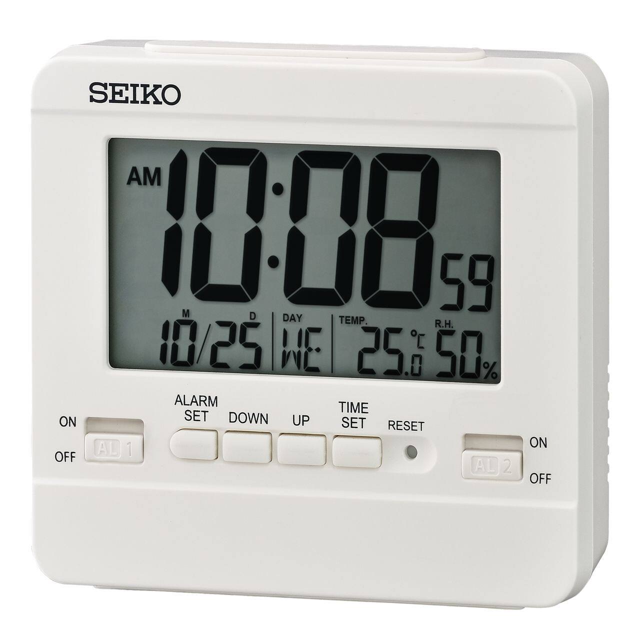 SEIKO AM 10:08 59 M D DAY TEMP. R.H. 10/25 WE 25.0 50% ALARM TIME ON SET DOWN UP SET RESET ON OFF AL 1 AL 2 OFF