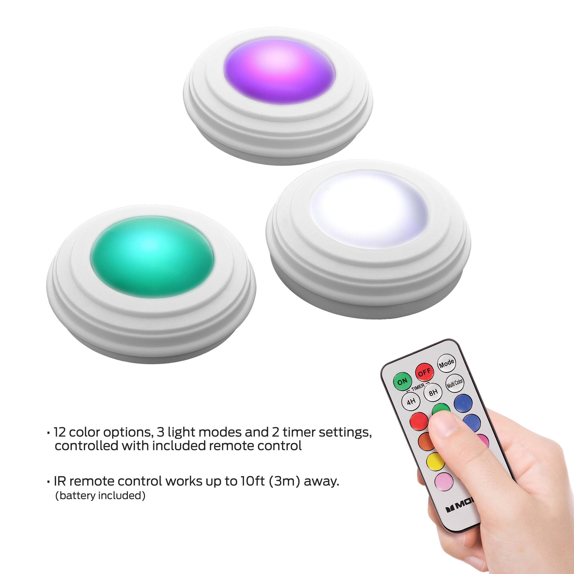 Mode OFF ON Mult/Color TIMER 8H 4H

12 color options, 3 light modes and 2 timer settings, controlled with included remote control

IR remote control works up to 10ft (3m) away. (battery included)